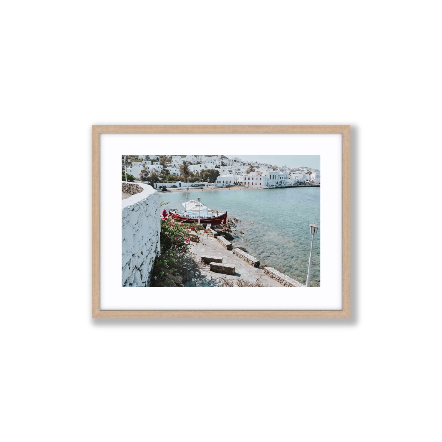Harika Mykonos Greek island wall art Medium fine art print in natural oak frame with matboard