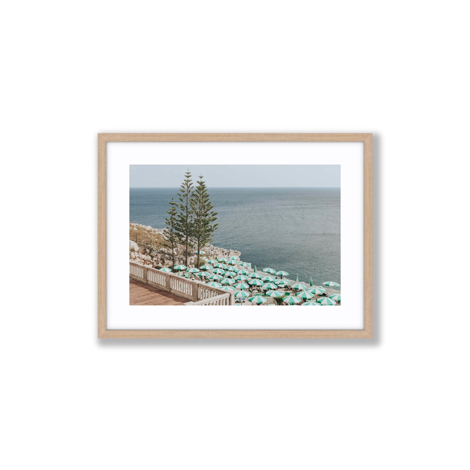 Azure Horizon Puglia beach coastal wall art Medium fine art print in natural oak frame with matboard