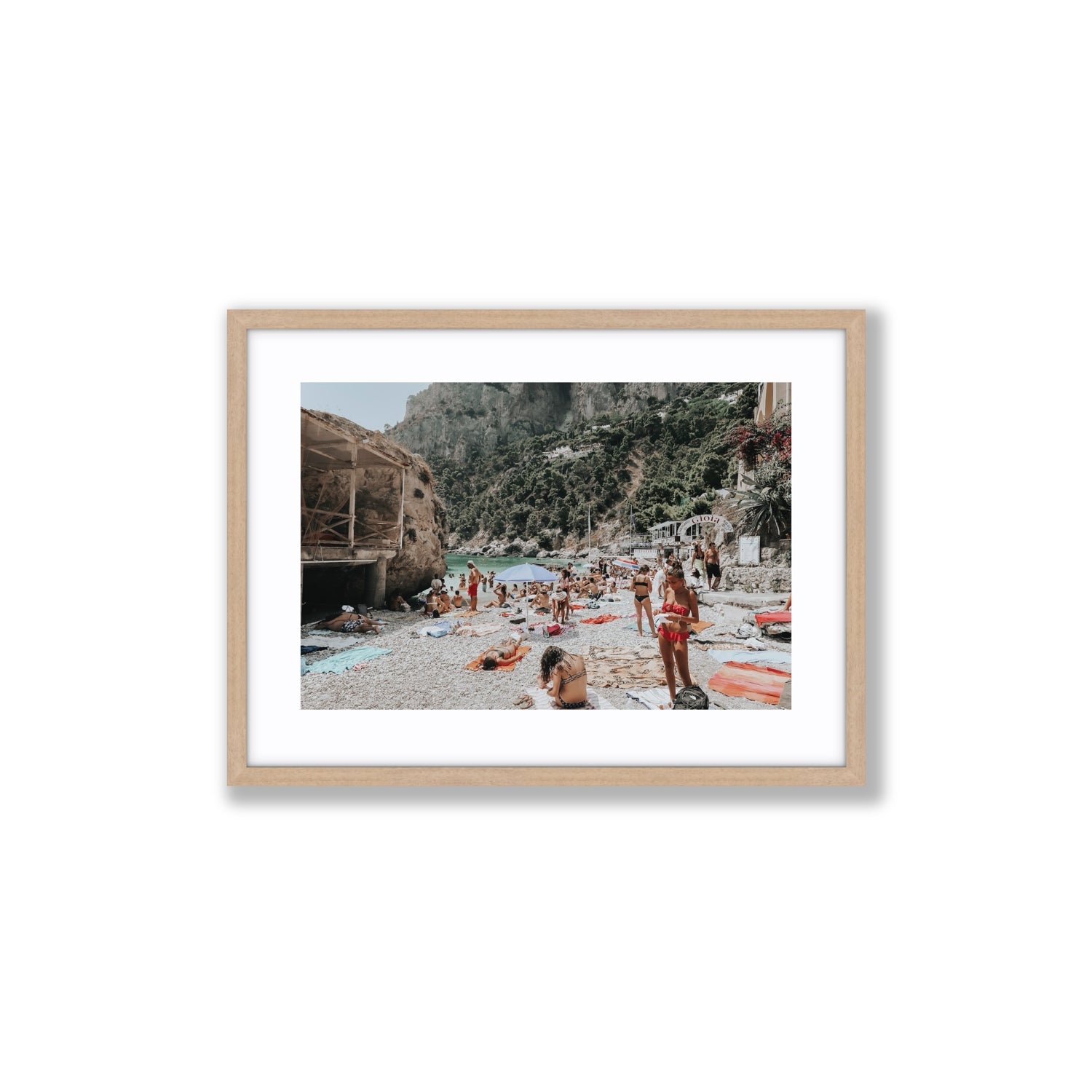 Spiaggia Da Gioia Capri beach coastal wall art Medium fine art print in natural oak frame with matboard