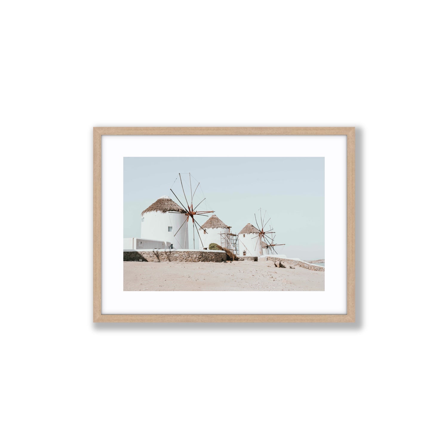 Rustic Icons Mykonos Greek island wall art Medium fine art print in natural oak frame with matboard