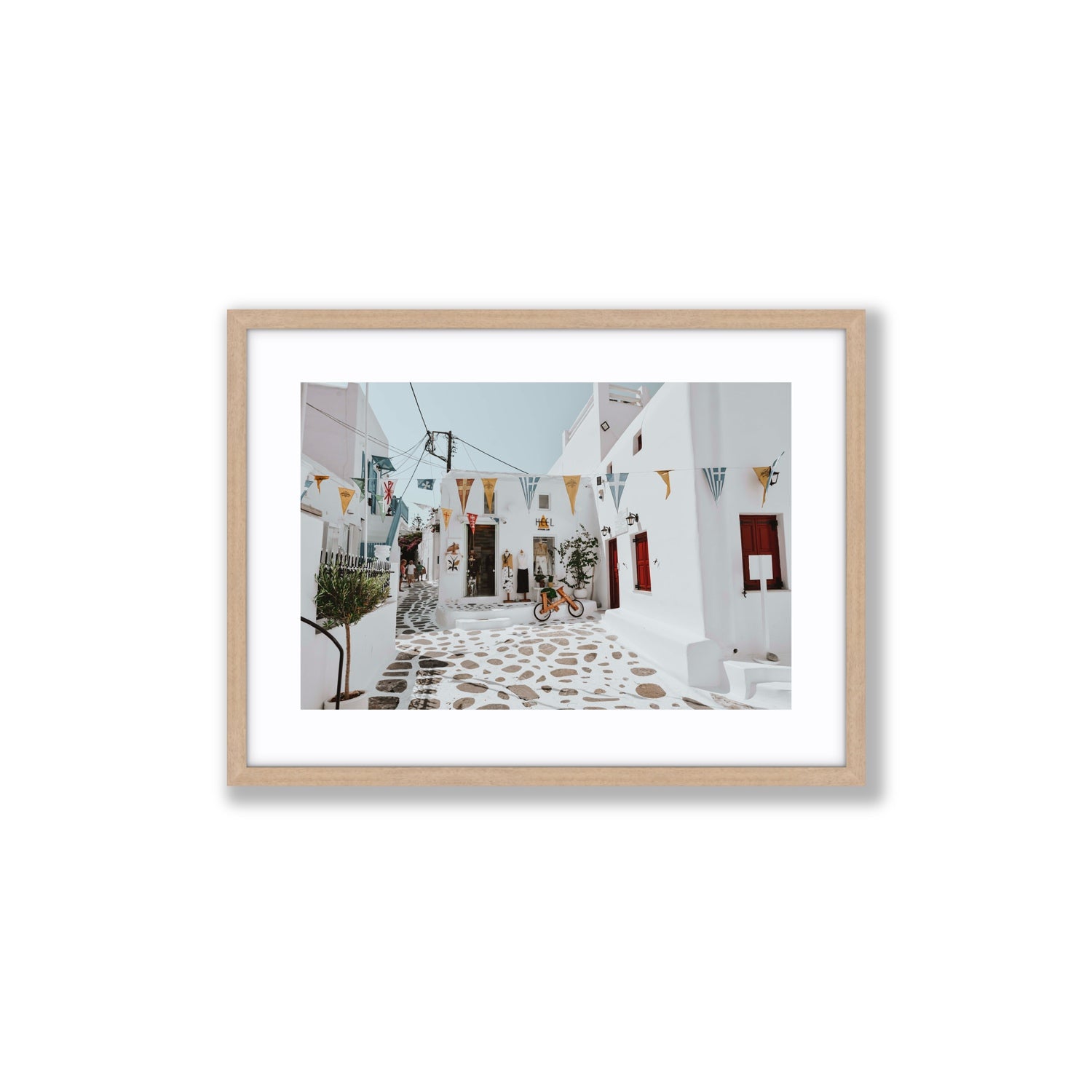 Cruising The Streets Mykonos Greek island wall art Medium fine art print in natural oak frame with matboard
