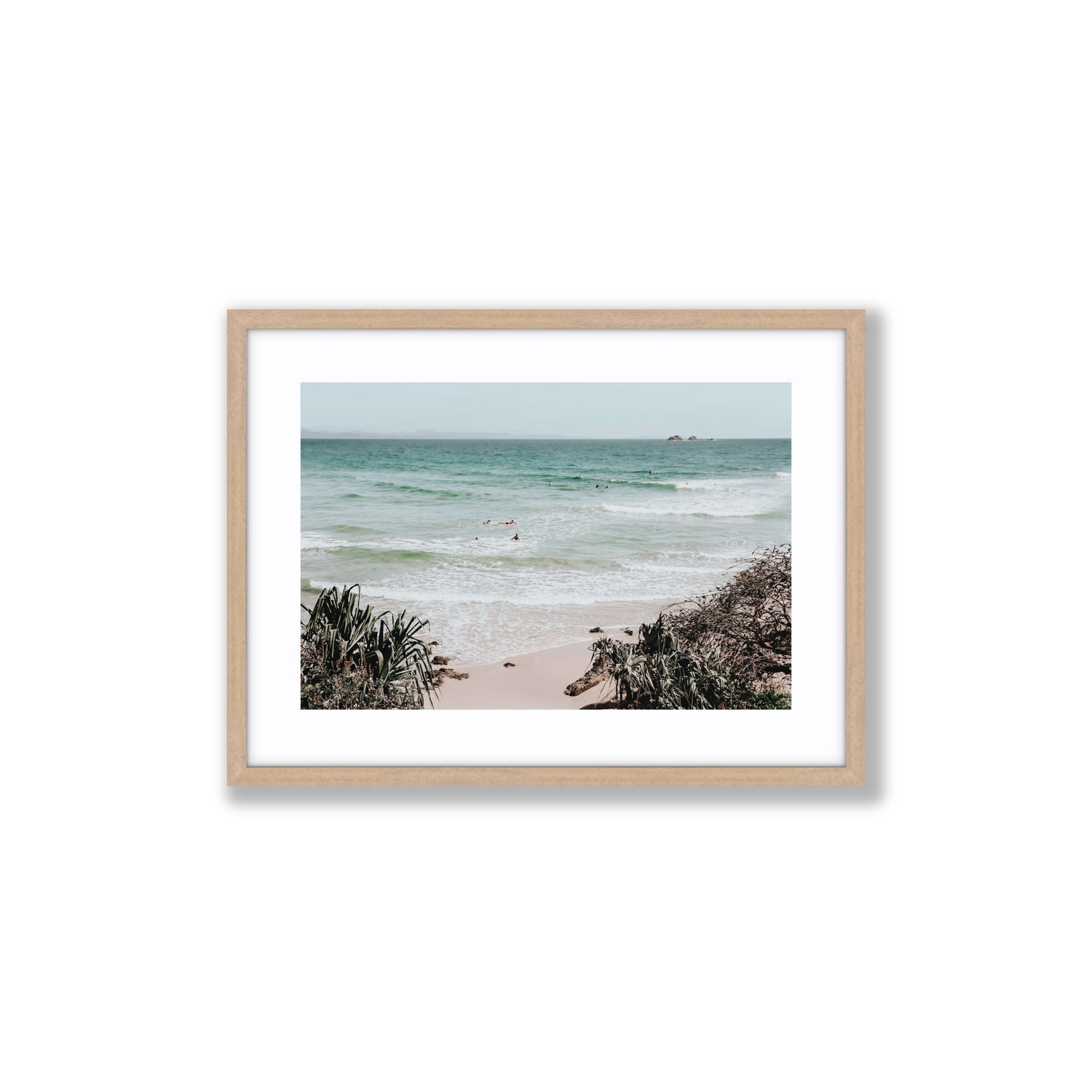 Surf City Byron Bay Surf coastal wall art Medium fine art print in natural oak frame with matboard