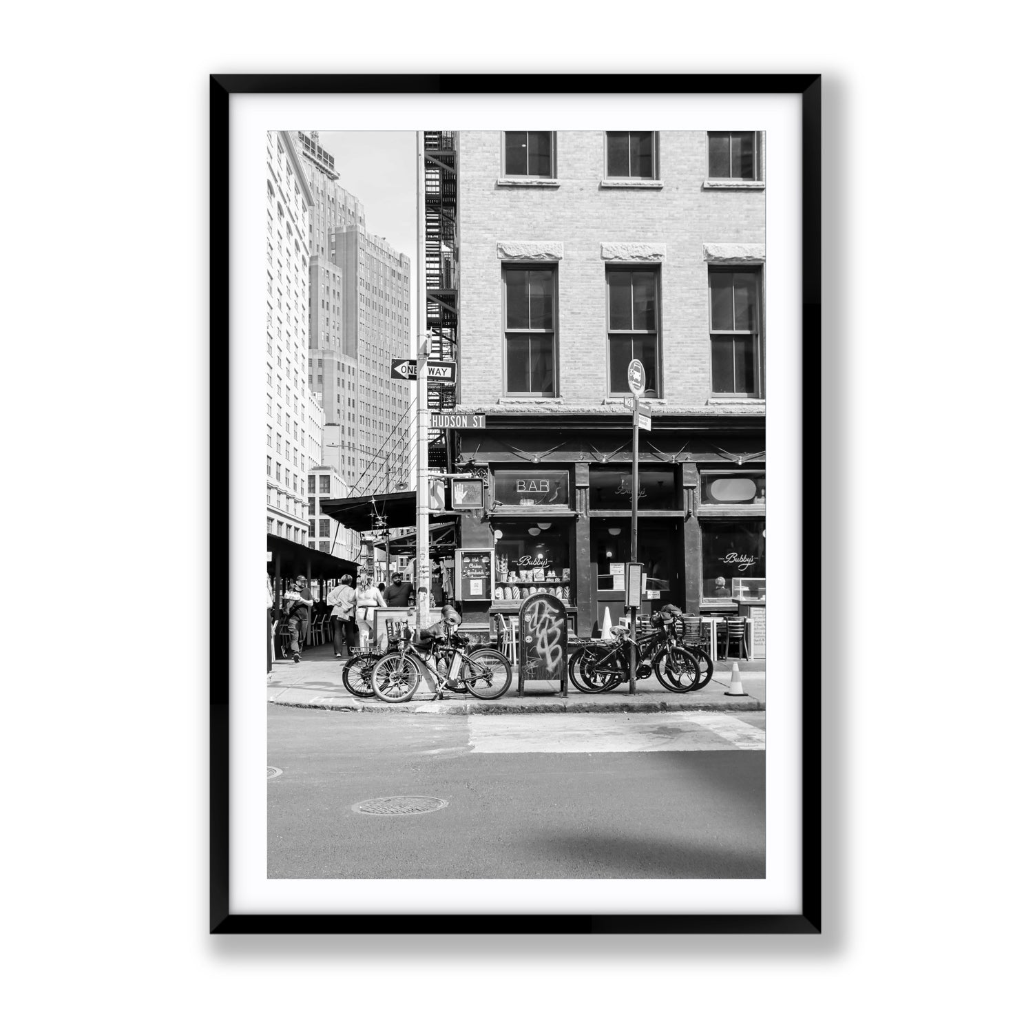 Bites Of The Big Apple New York NYC Black & White wall art Gallery fine art print in black frame with matboard