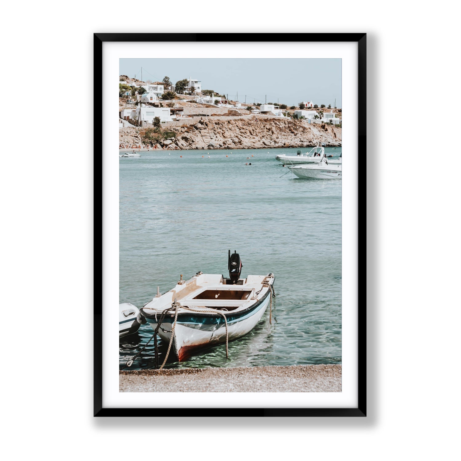 Classic Wheels Mykonos Greek island wall art Gallery fine art print in black frame with matboard