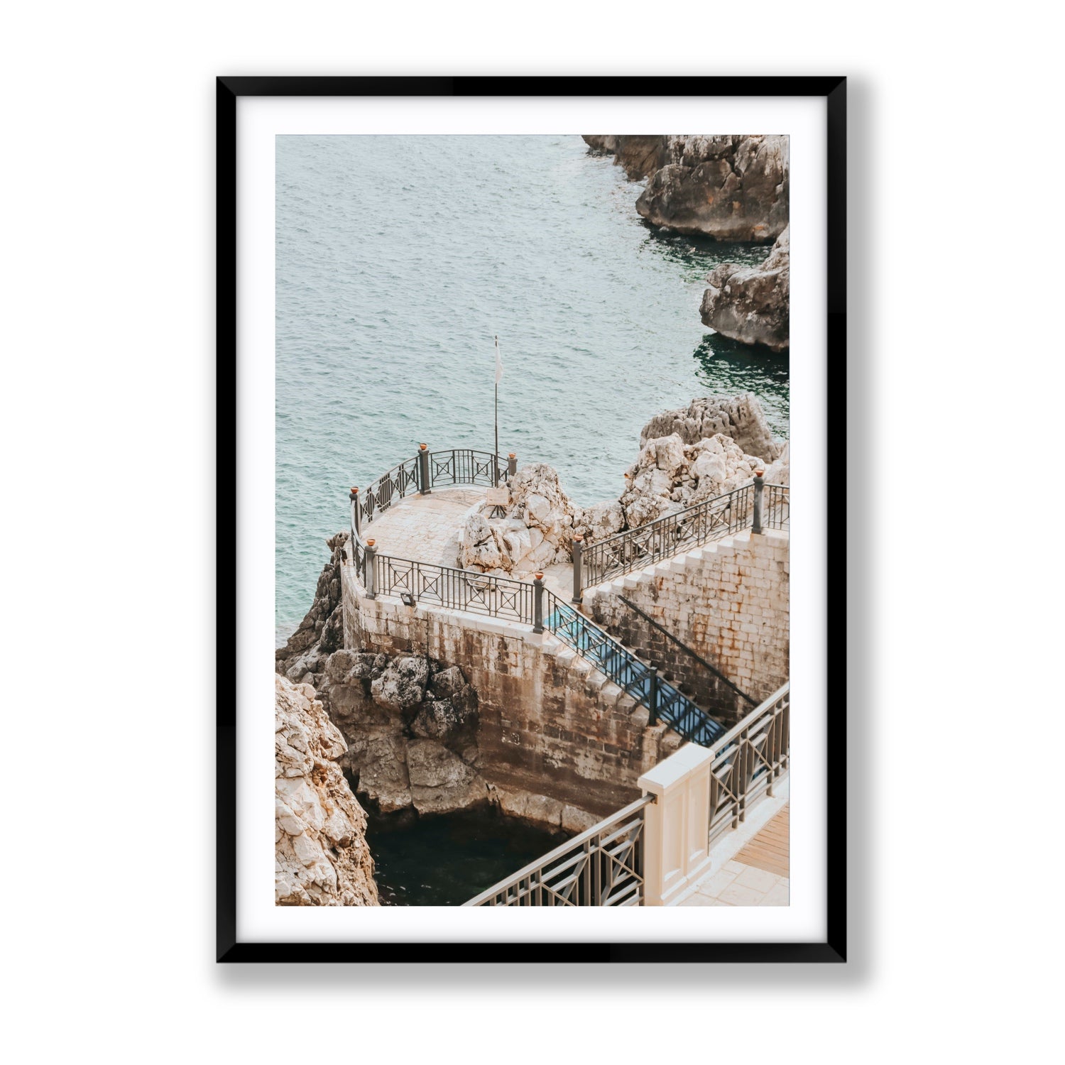 Tidal Staircase Puglia coastal Italian wall art Gallery fine art print in black frame with matboard