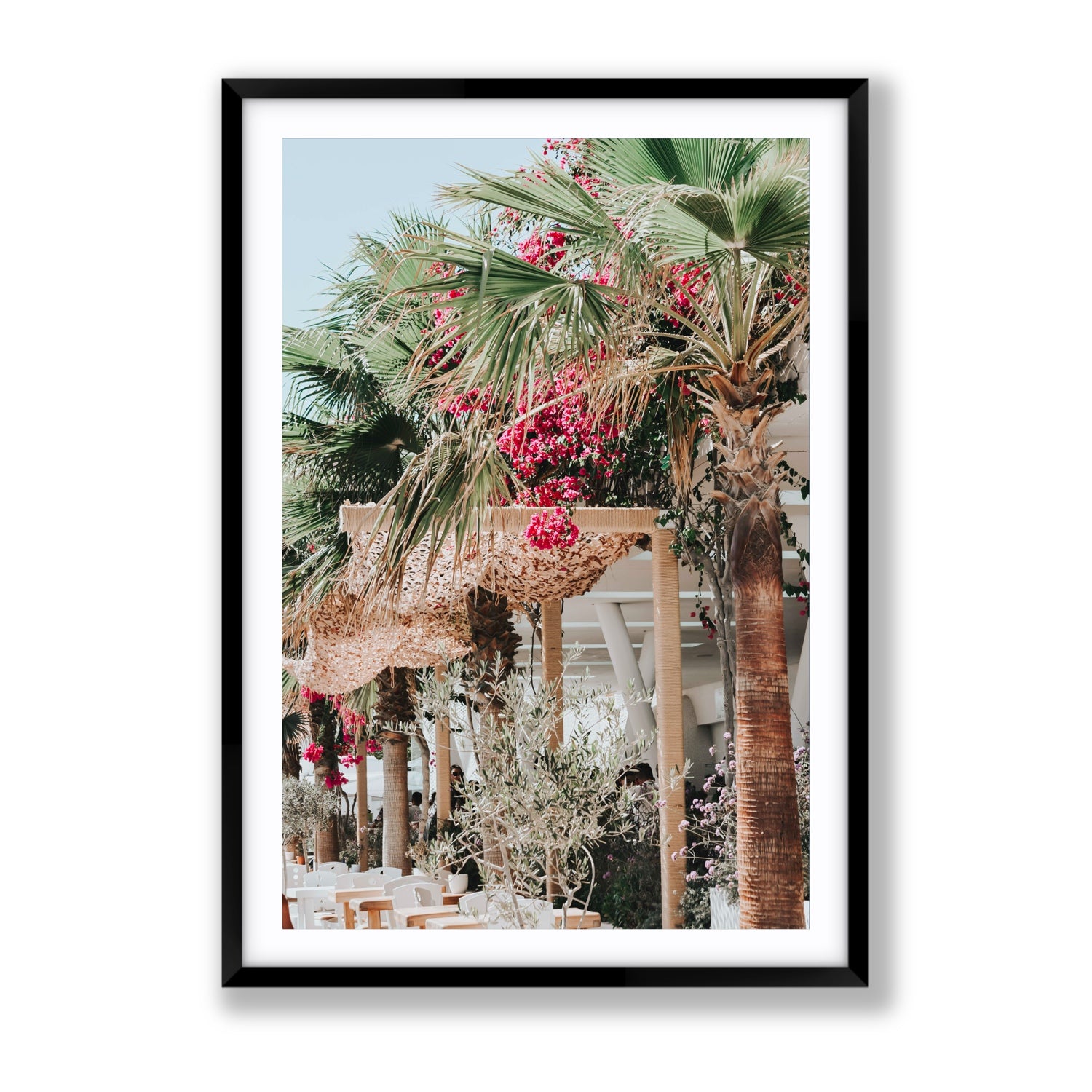 Palm Trees Mykonos Greek island wall art Gallery fine art print in black frame with matboard