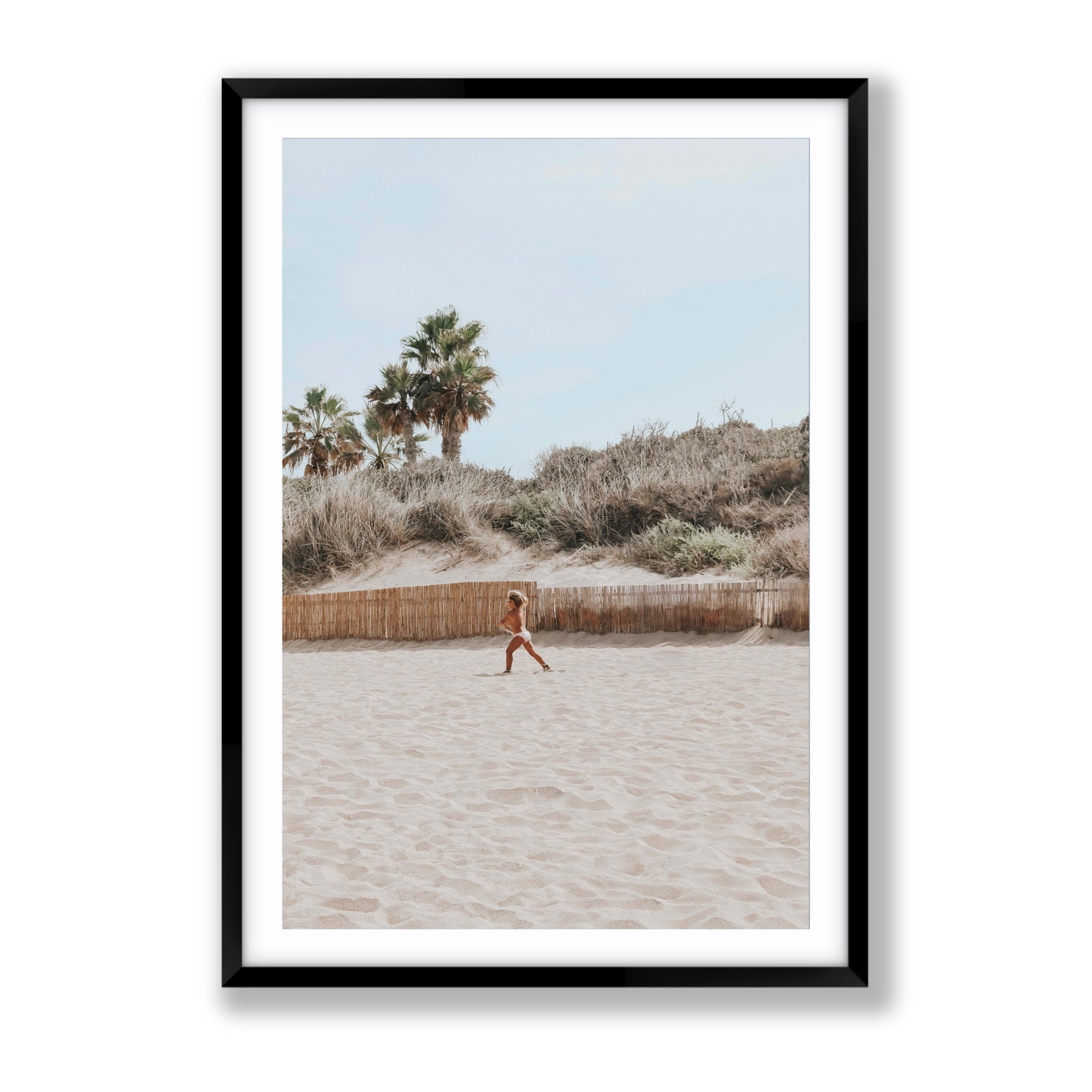 Joyful Sprint Puglia beach coastal fine art print Gallery fine art print in black frame with matboard