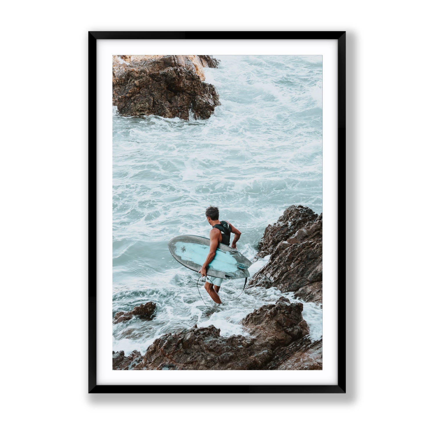 Into The Soup Byron Bay Surf coastal wall art Gallery fine art print in black frame with matboard
