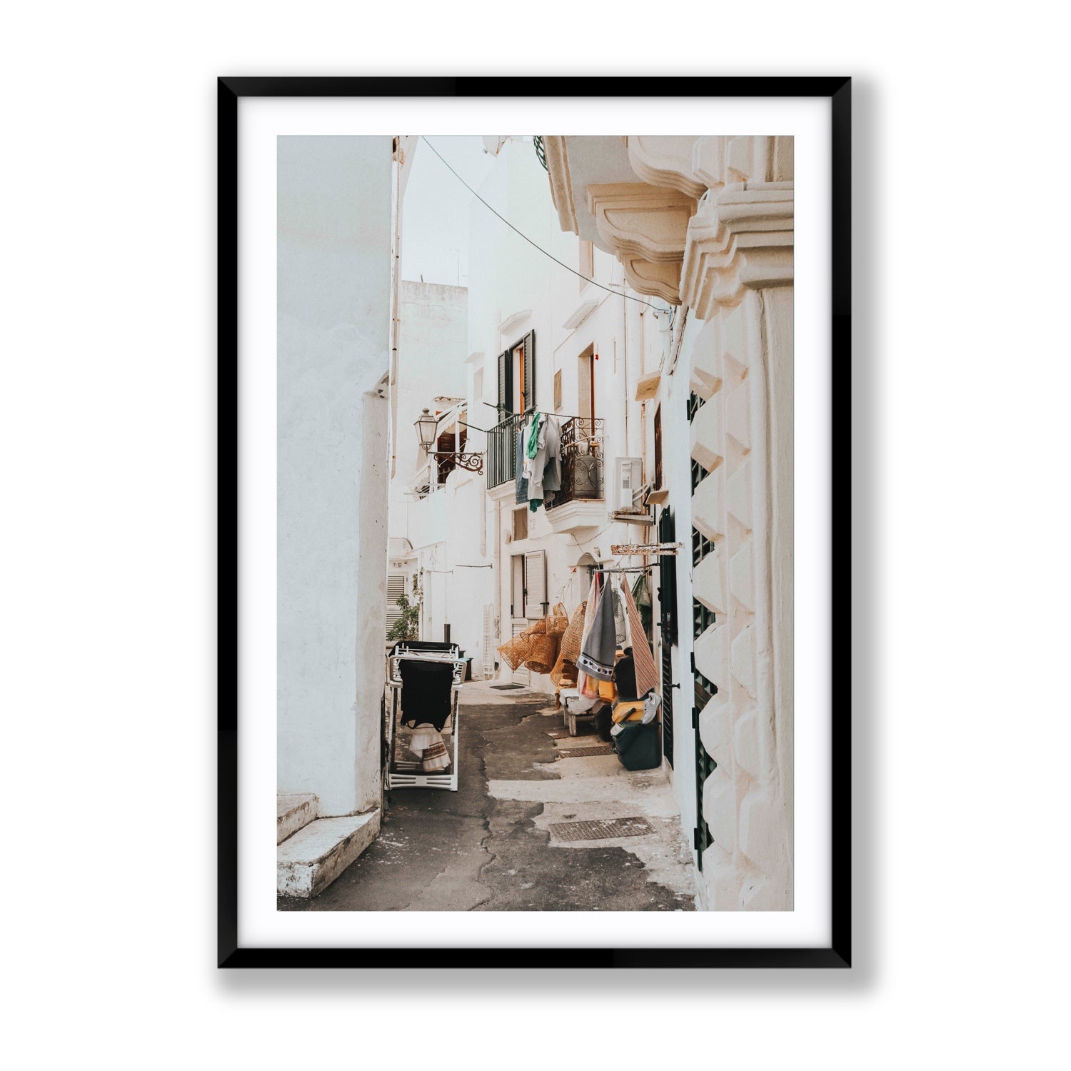 Hanging Harmony Puglia Italian wall art Gallery fine art print in black frame with matboard