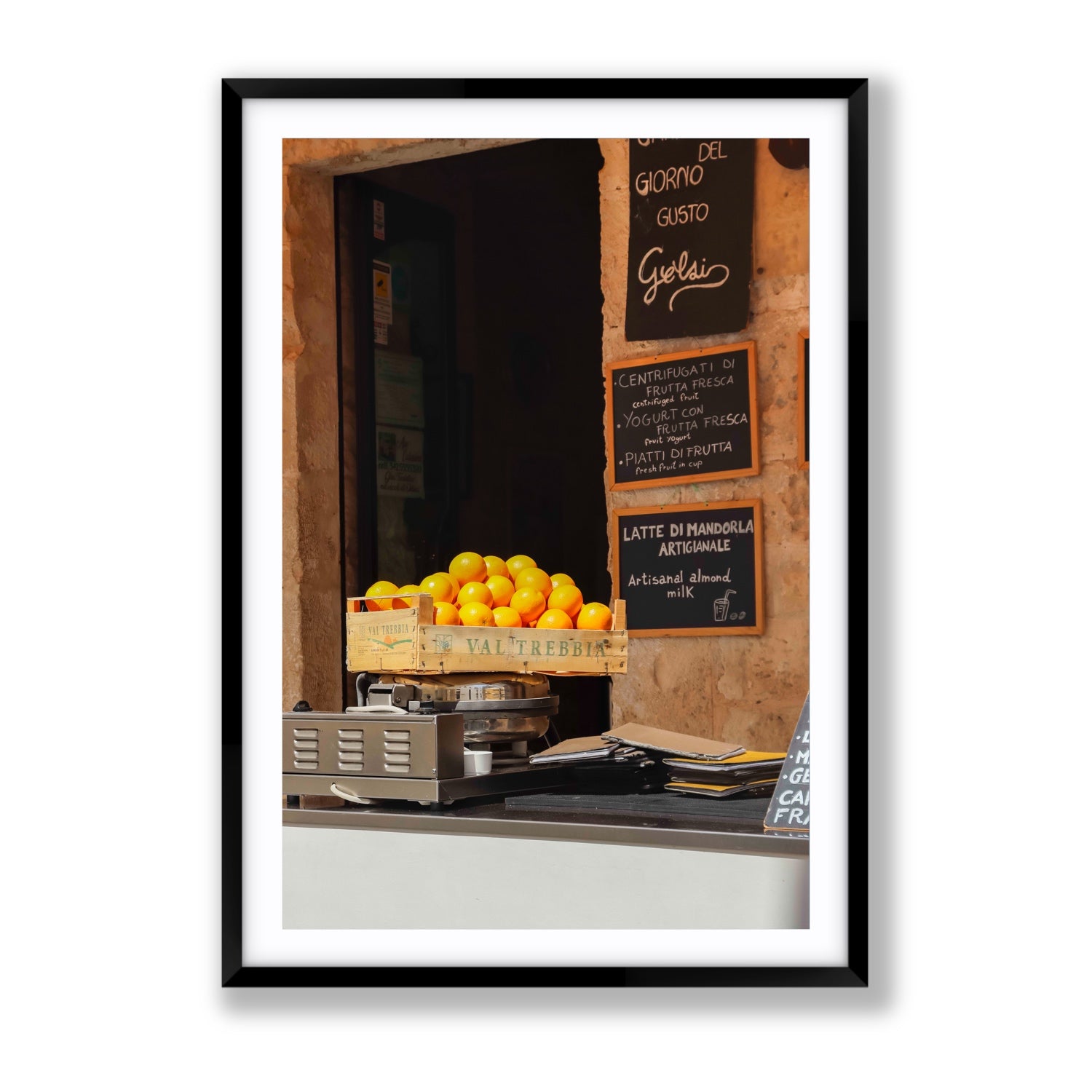 Luminous Citrus Puglia Ostuni Italian wall art Gallery fine art print in black frame with matboard