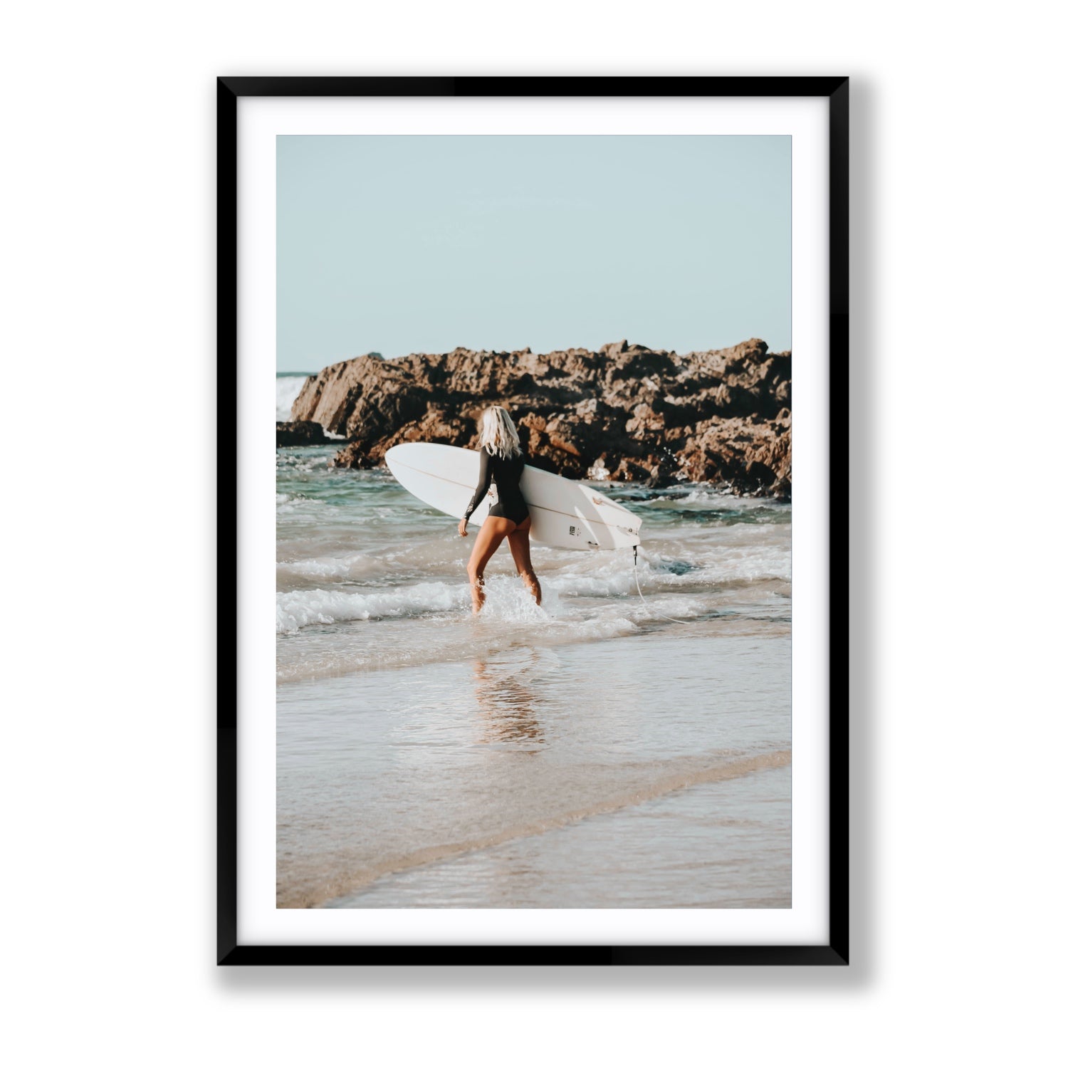 Bethany Byron Bay Surf coastal decor wall art Gallery fine art print in black frame with matboard