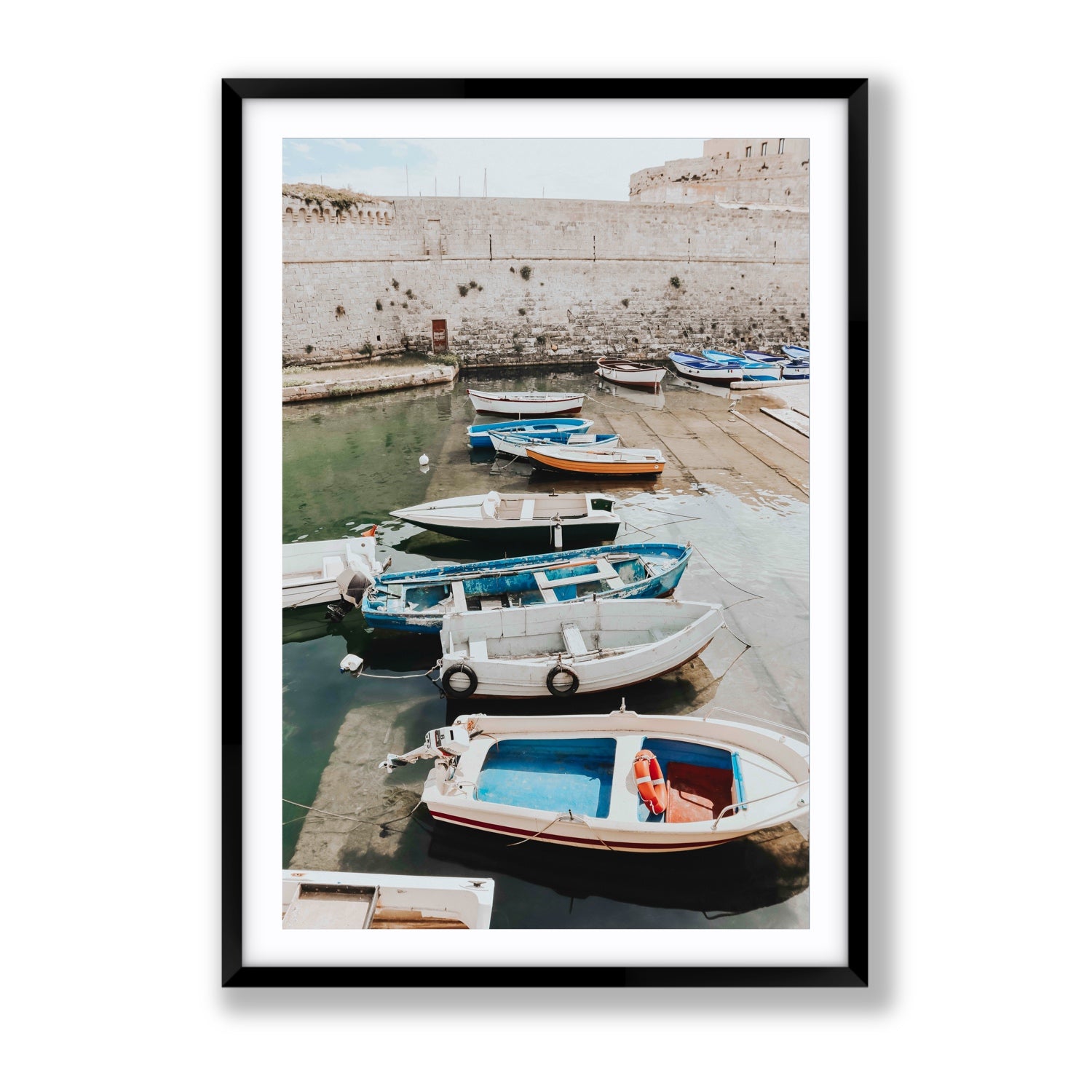Harbour Palette Puglia coastal photography wall art Gallery fine art print in black frame with matboard