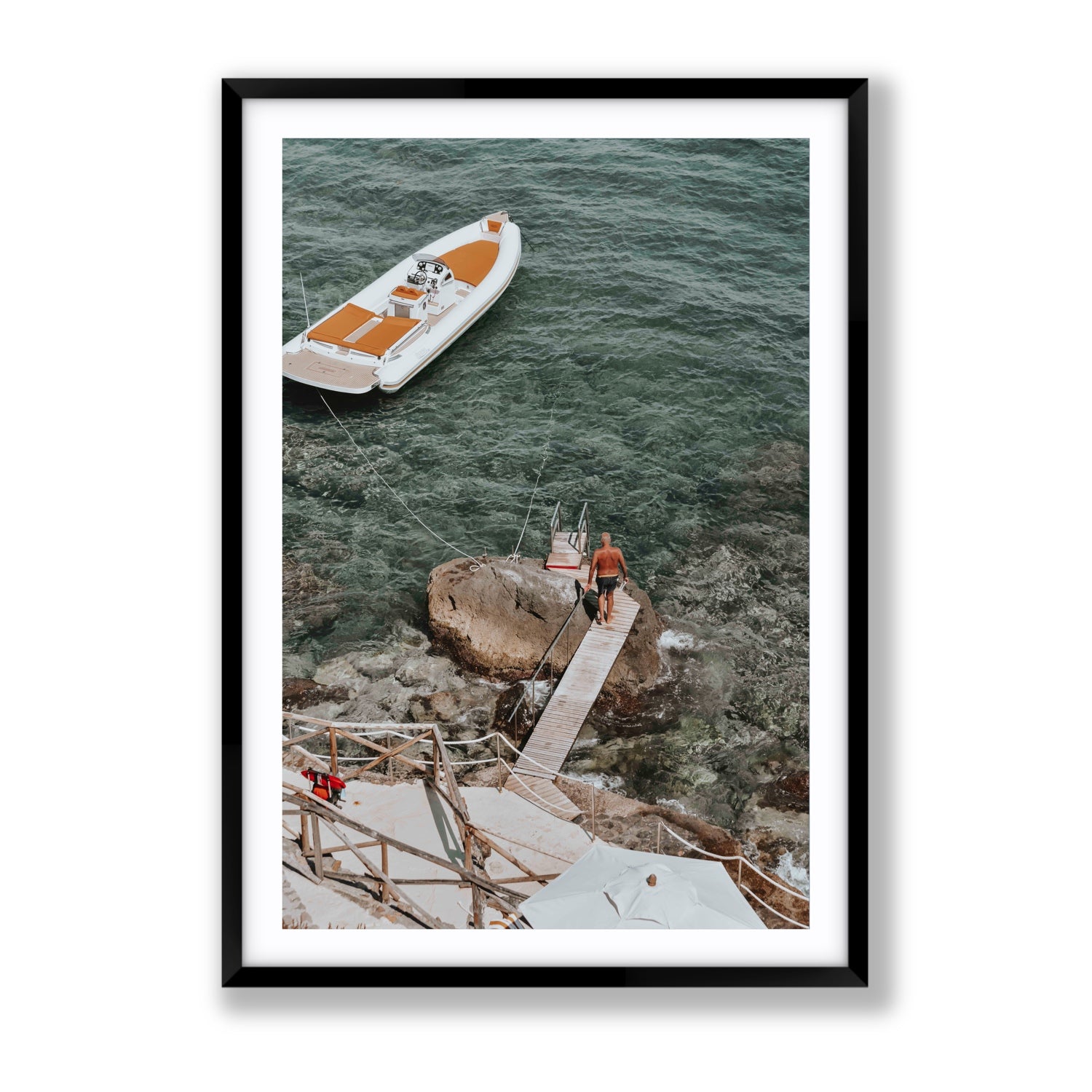 Secret Cove Tuscany coastal Italian wall art Gallery fine art print in black frame with matboard