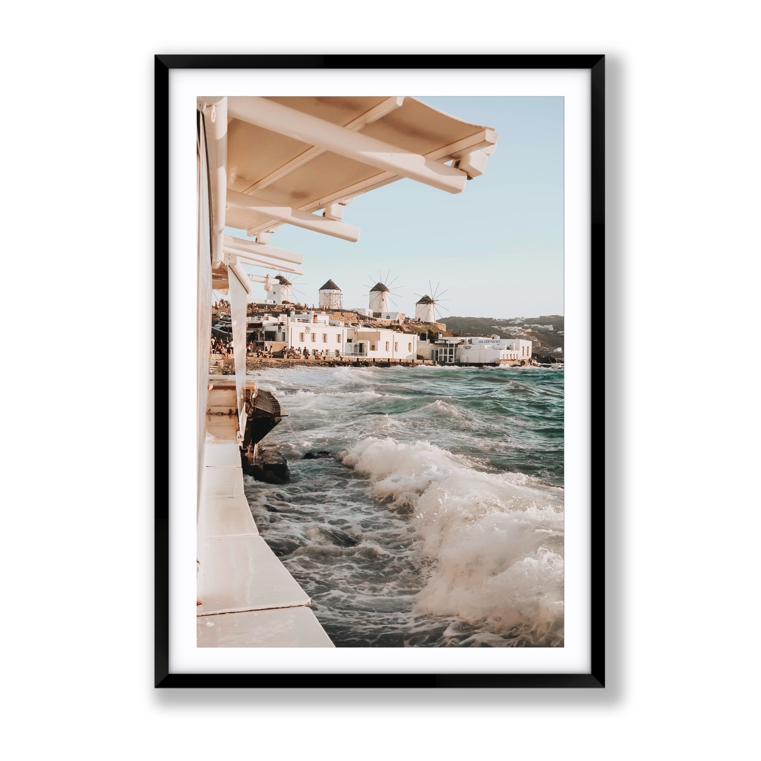Windmills Mykonos Greek island wall art Gallery fine art print in black frame with matboard