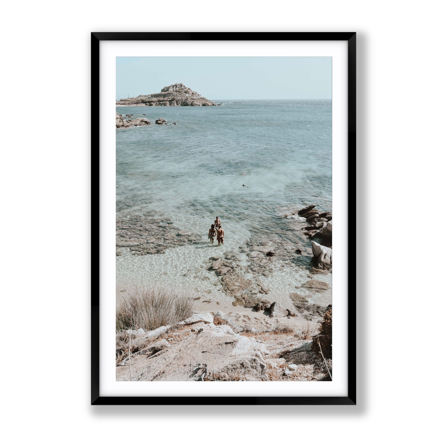 Island Life Mykonos coastal Greek island wall art Gallery fine art print in black frame with matboard