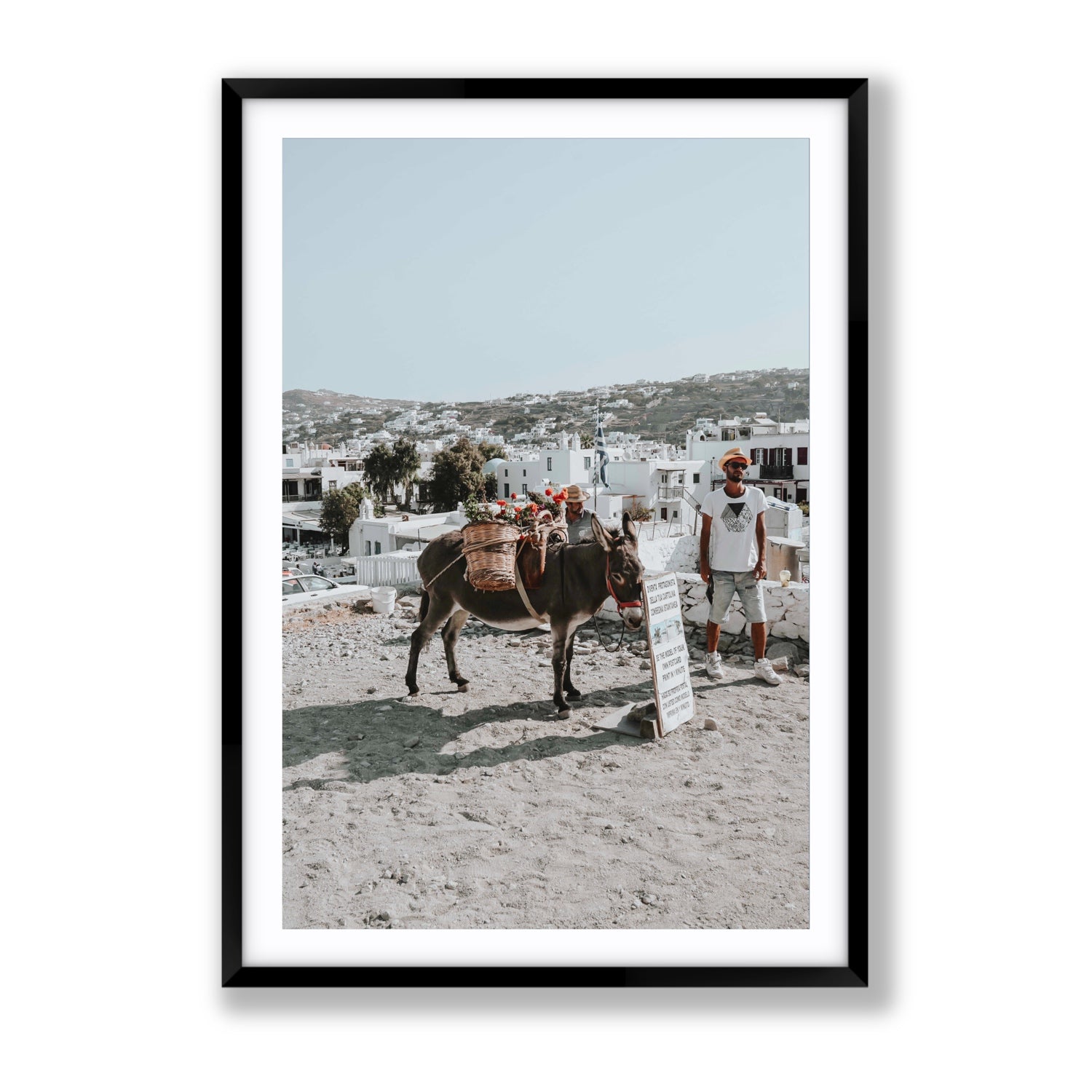 Let The Journey Begin Mykonos Greek island wall art Gallery fine art print in black frame with matboard