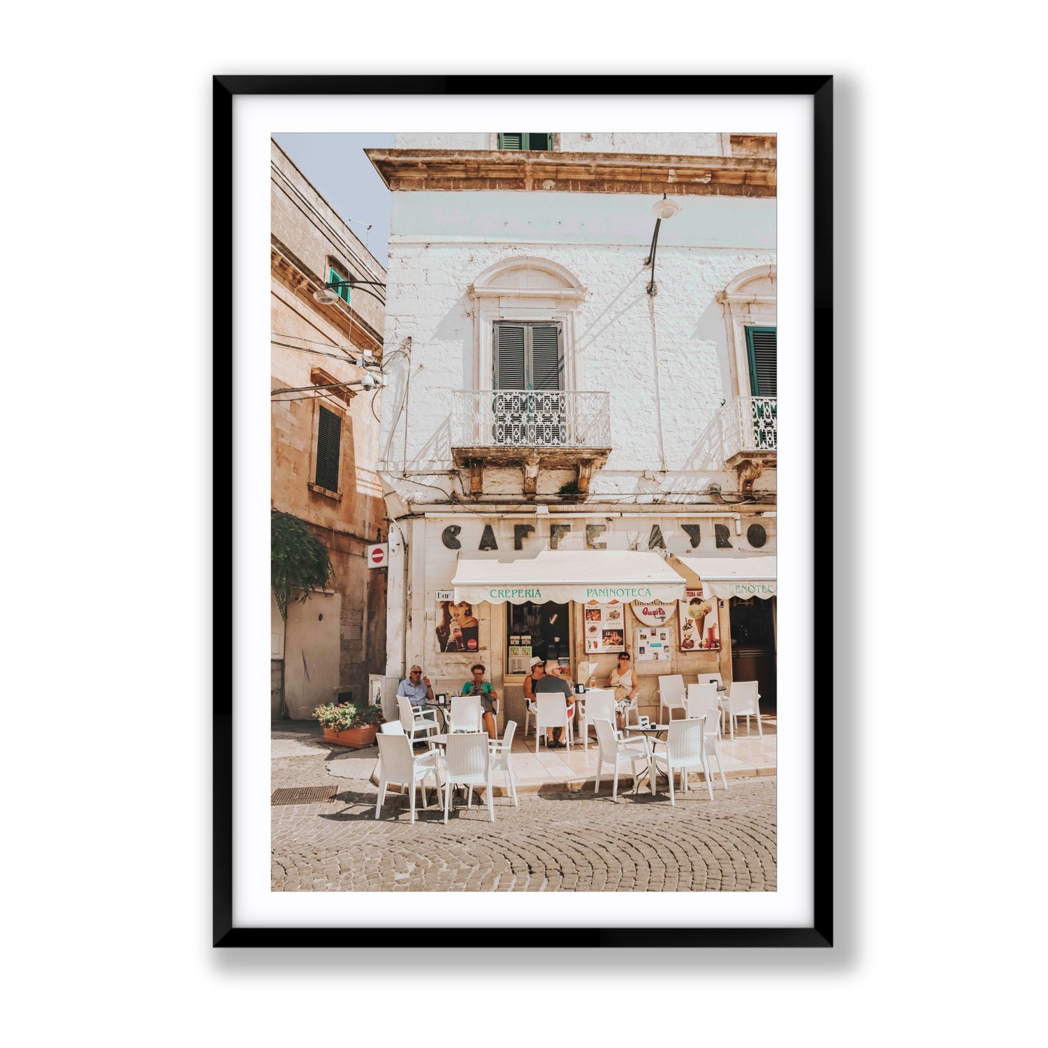 Cafe Ostuni Puglia Café Ostuni Italian wall art Gallery fine art print in black frame with matboard