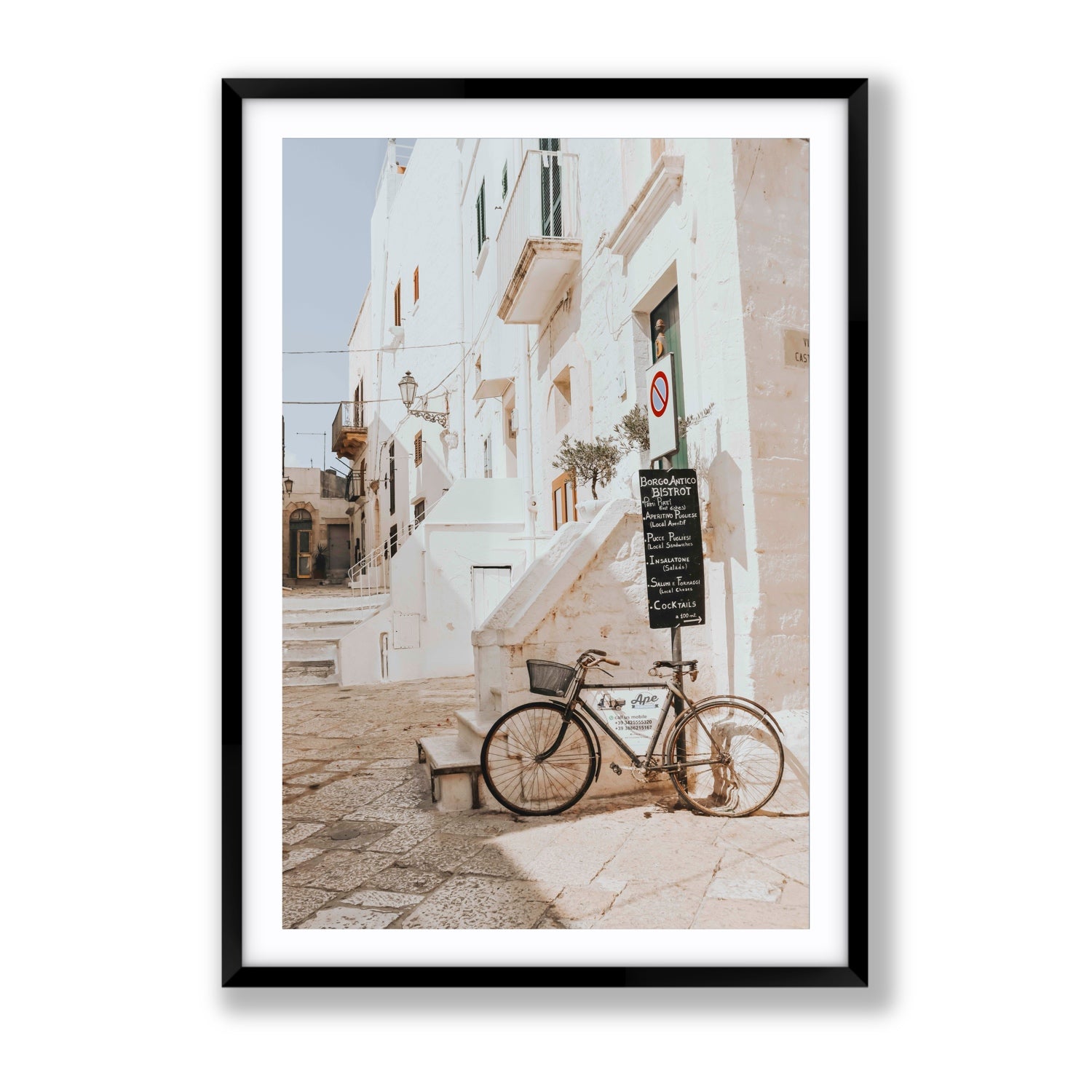 La Bicicletta Puglia Ostuni wall art Gallery fine art print in black frame with matboard