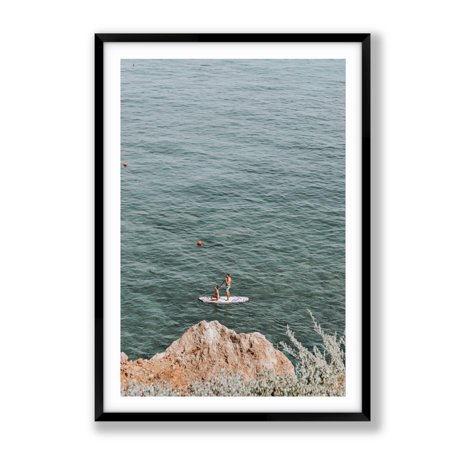 Into The Vibe Without Getting Wet Tuscany coastal wall art Gallery fine art print in black frame with matboard
