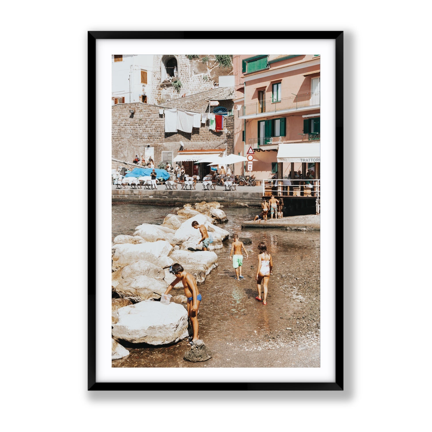 The Beachcombers Sorrento beach coastal wall art Gallery fine art print in black frame with matboard