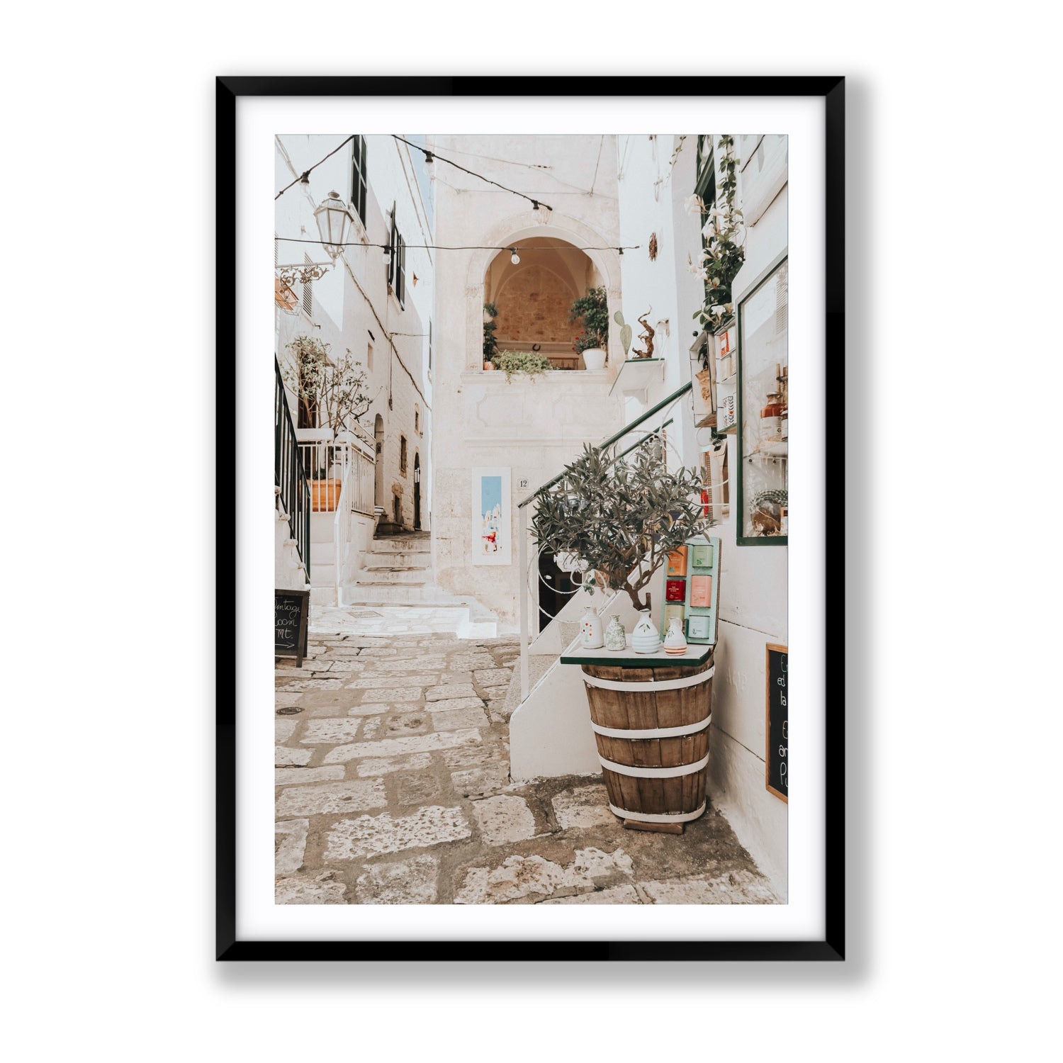 Olive Tree Lane Puglia Ostuni Mediterranean decor wall art Gallery fine art print in black frame with matboard