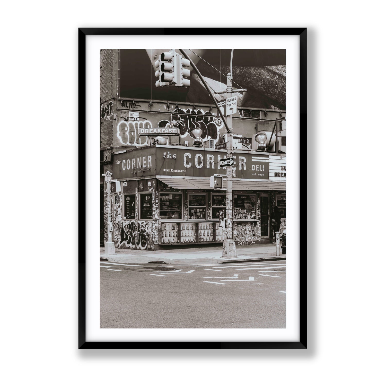 Soho Deli New York NYC Black & White wall art Gallery fine art print in black frame with matboard