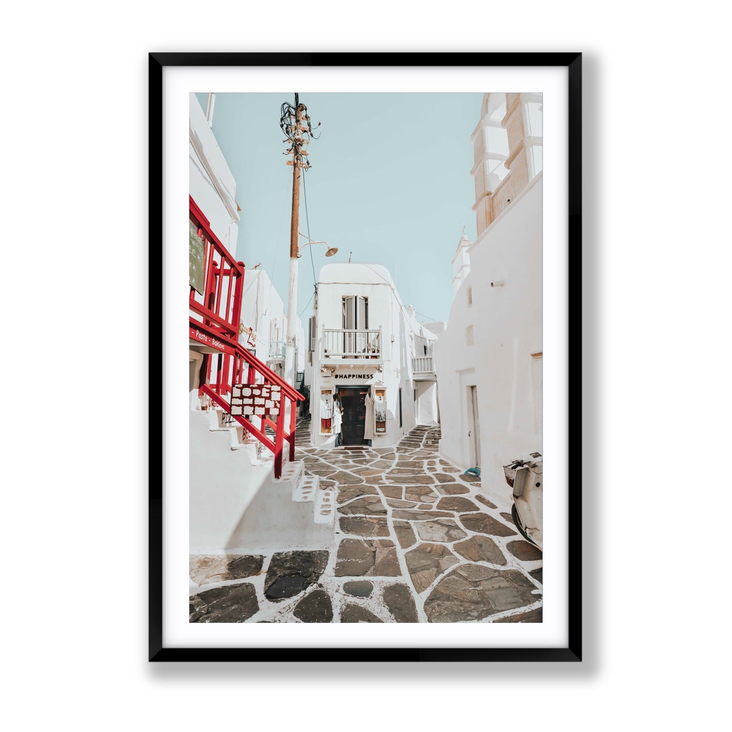Happiness Mykonos Greek island wall art Gallery fine art print in black frame with matboard