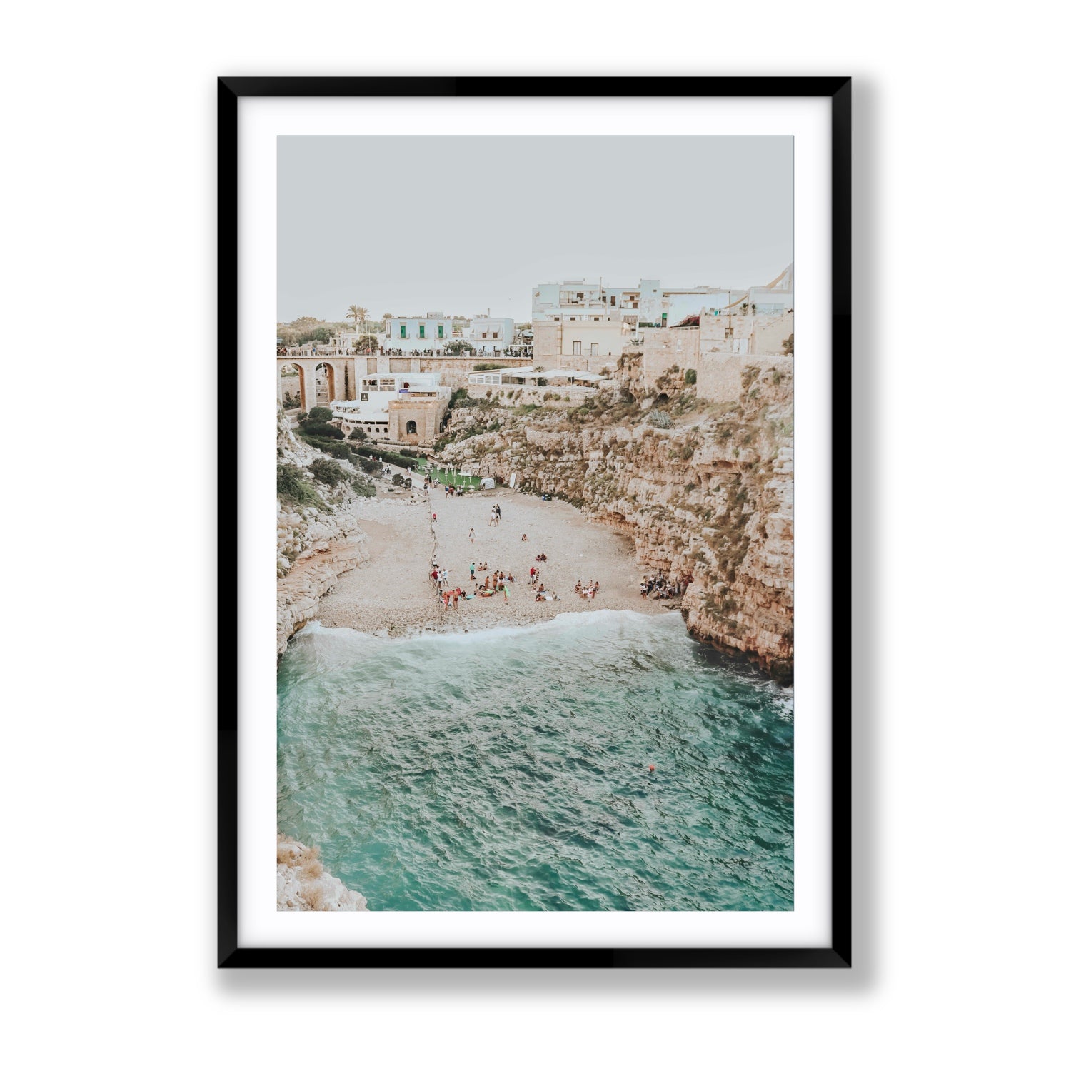 Polignano Vista Puglia coastal Italian beach fine art print Gallery fine art print in black frame with matboard