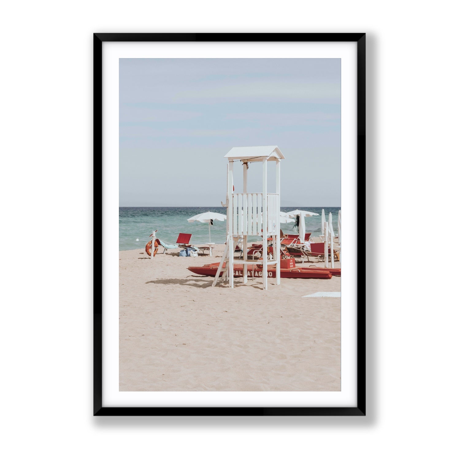 Barefoot Bliss Puglia beach Italian coastal decor wall art Gallery fine art print in black frame with matboard