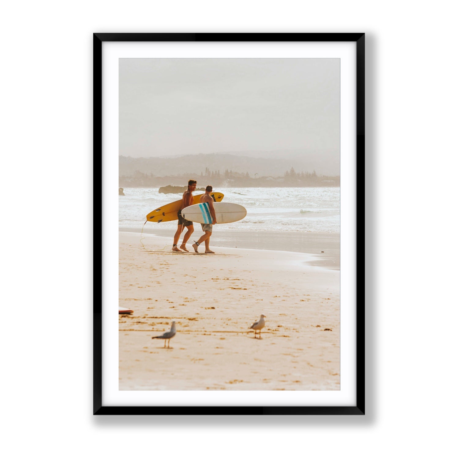 Shane & Benji Byron Bay Surf coastal wall art Gallery fine art print in black frame with matboard