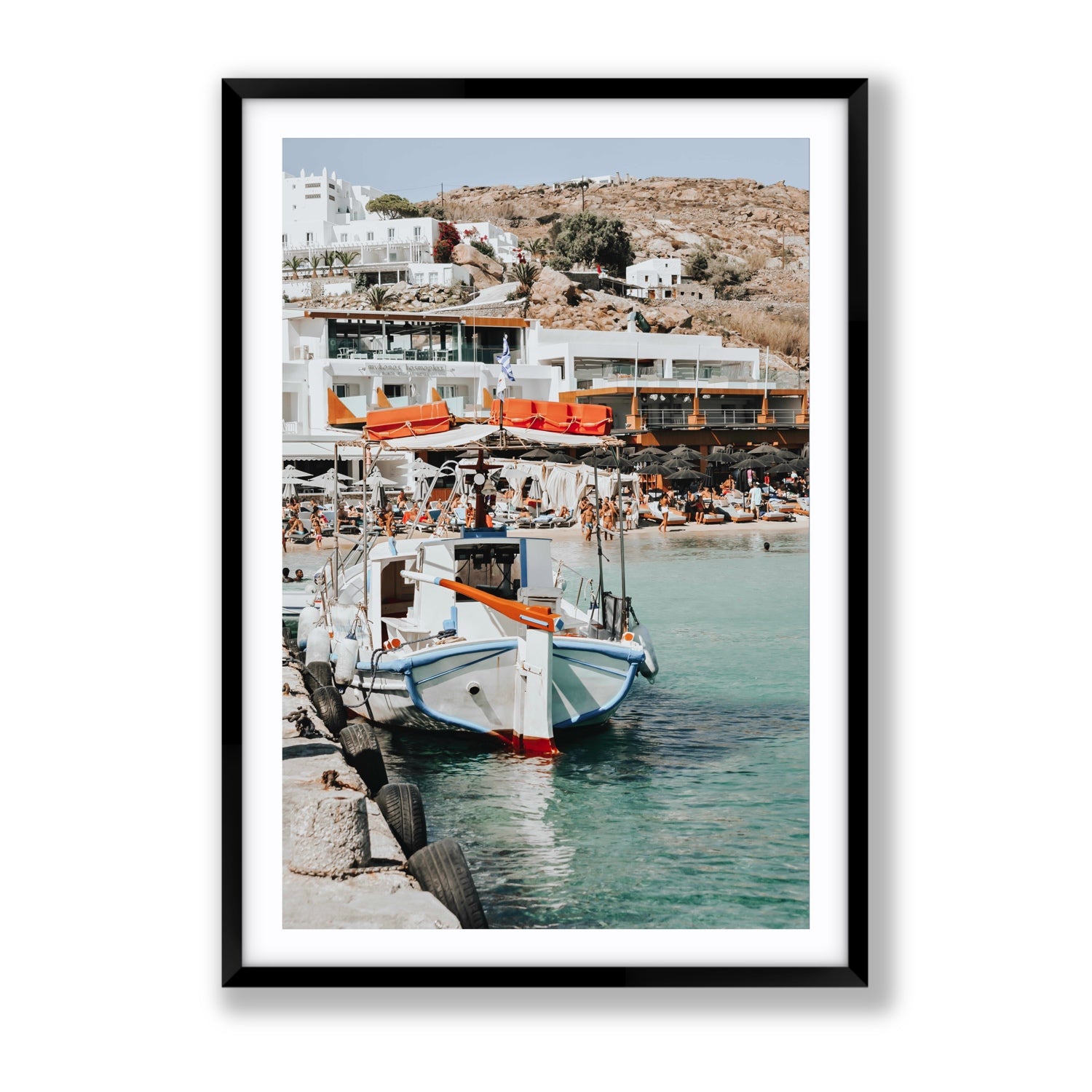 Travel In Style Mykonos Greek island wall art Gallery fine art print in black frame with matboard