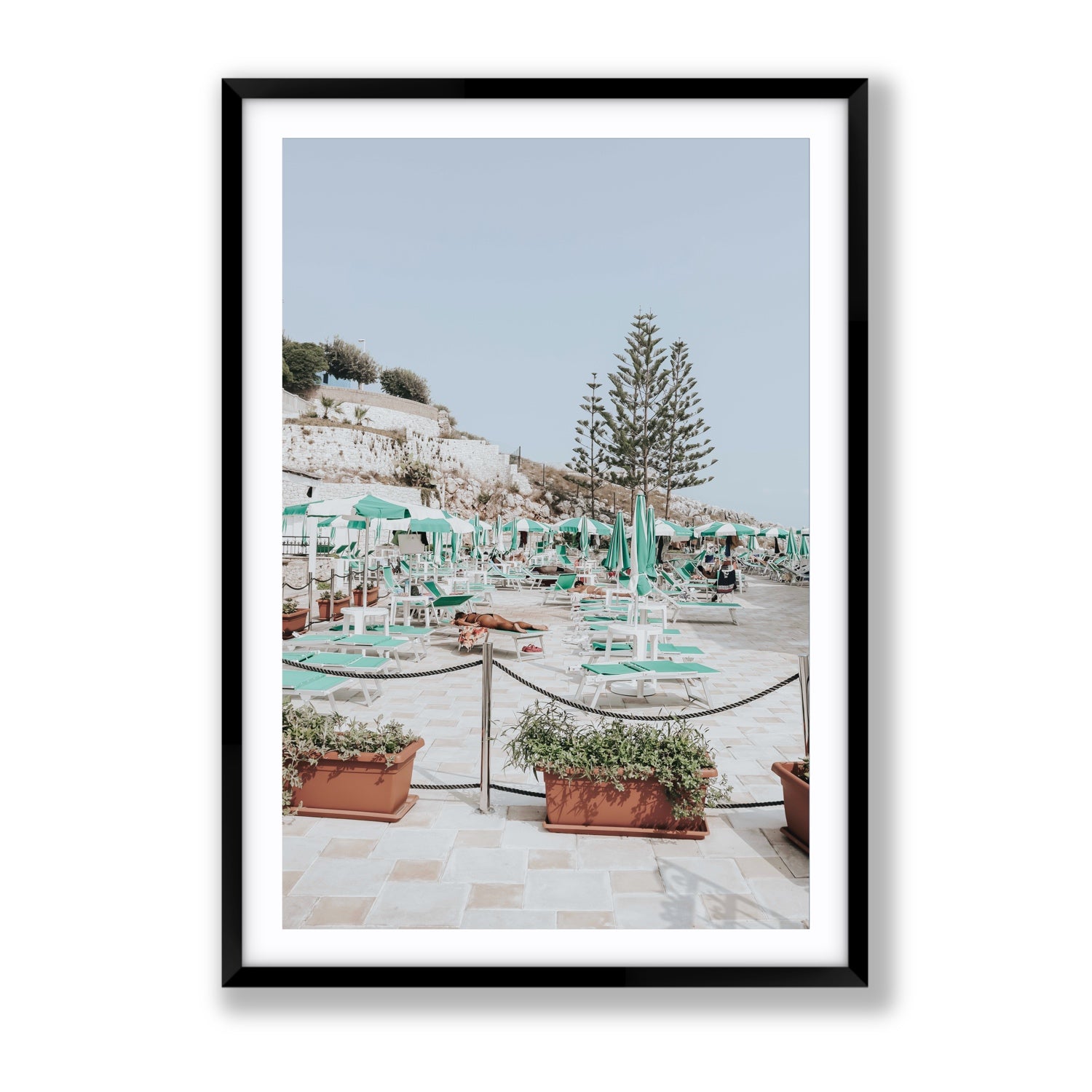 Siesta on The Terrace Puglia coastal wall art Gallery fine art print in black frame with matboard