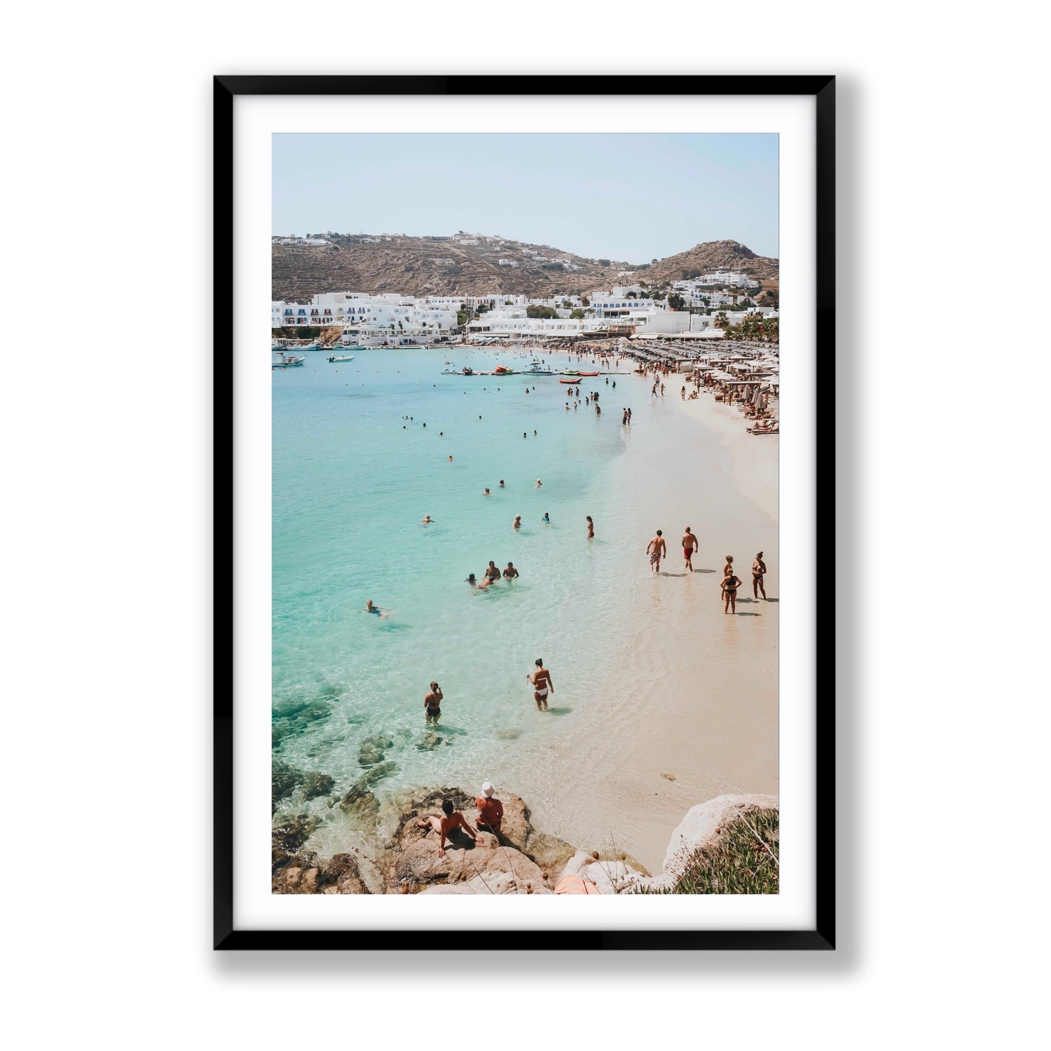 Breathe In The Salty Air Mykonos Greek island wall art Gallery fine art print in black frame with matboard
