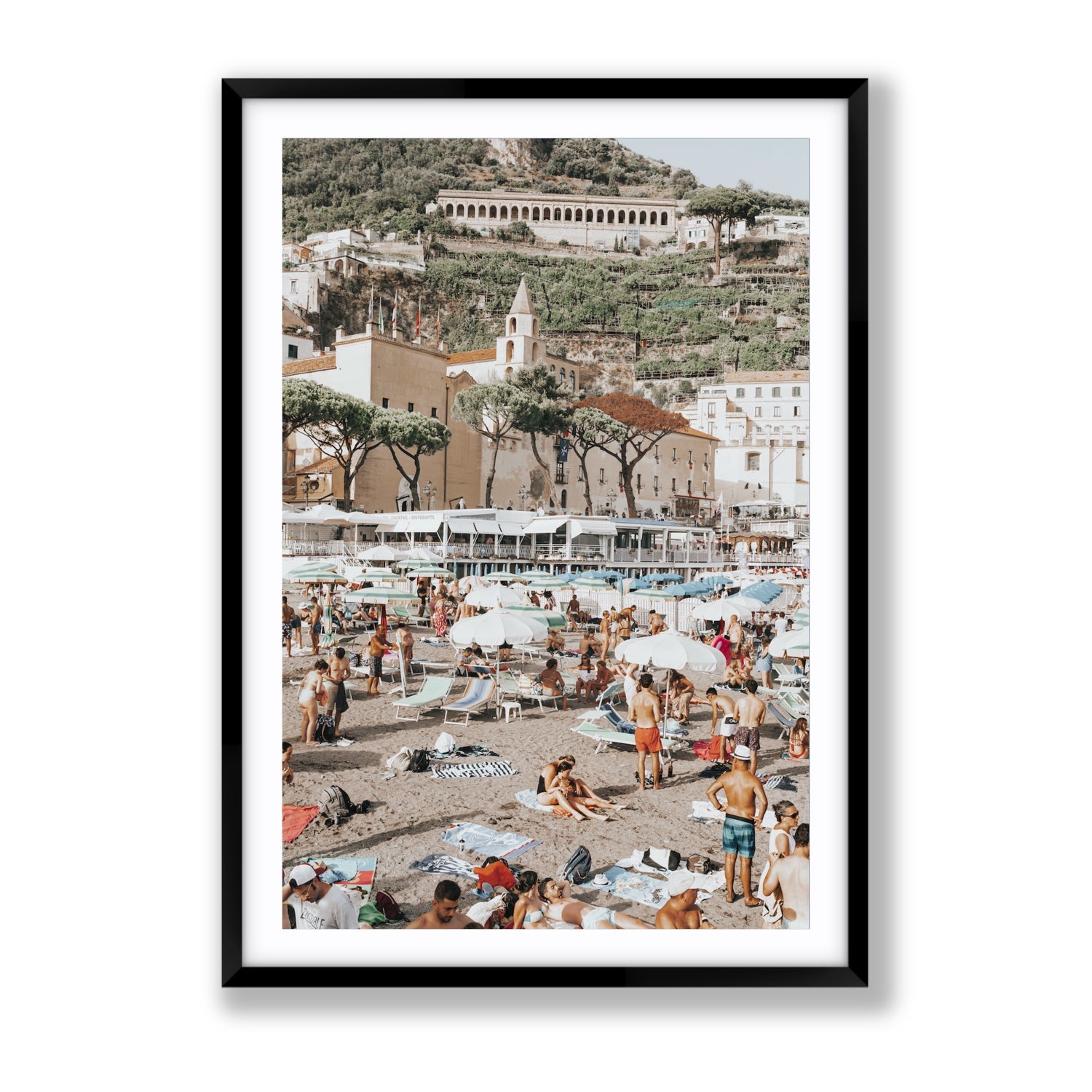 Festa In Spiaggia Amalfi coastal wall art Gallery fine art print in black frame with matboard
