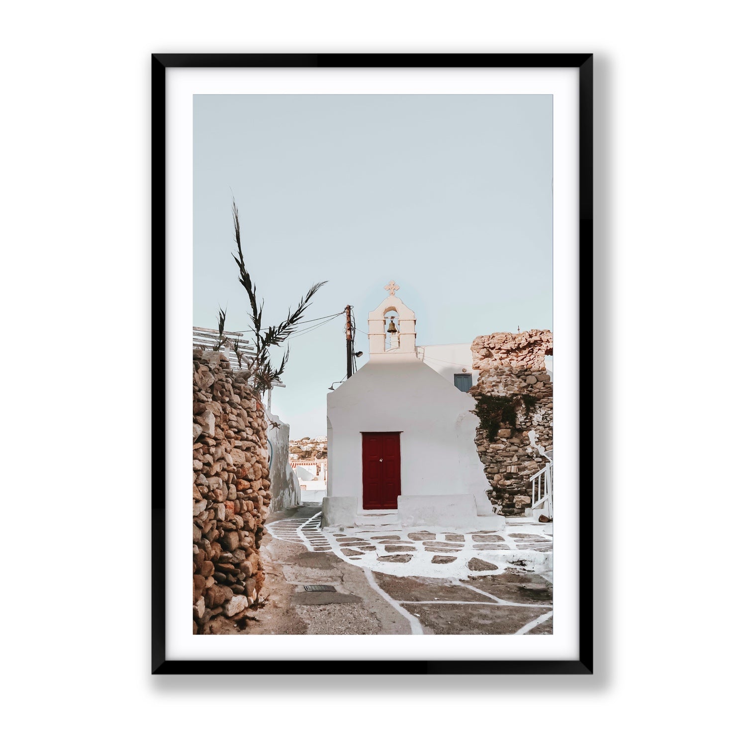Little Chapel Mykonos Greek island wall art Gallery fine art print in black frame with matboard