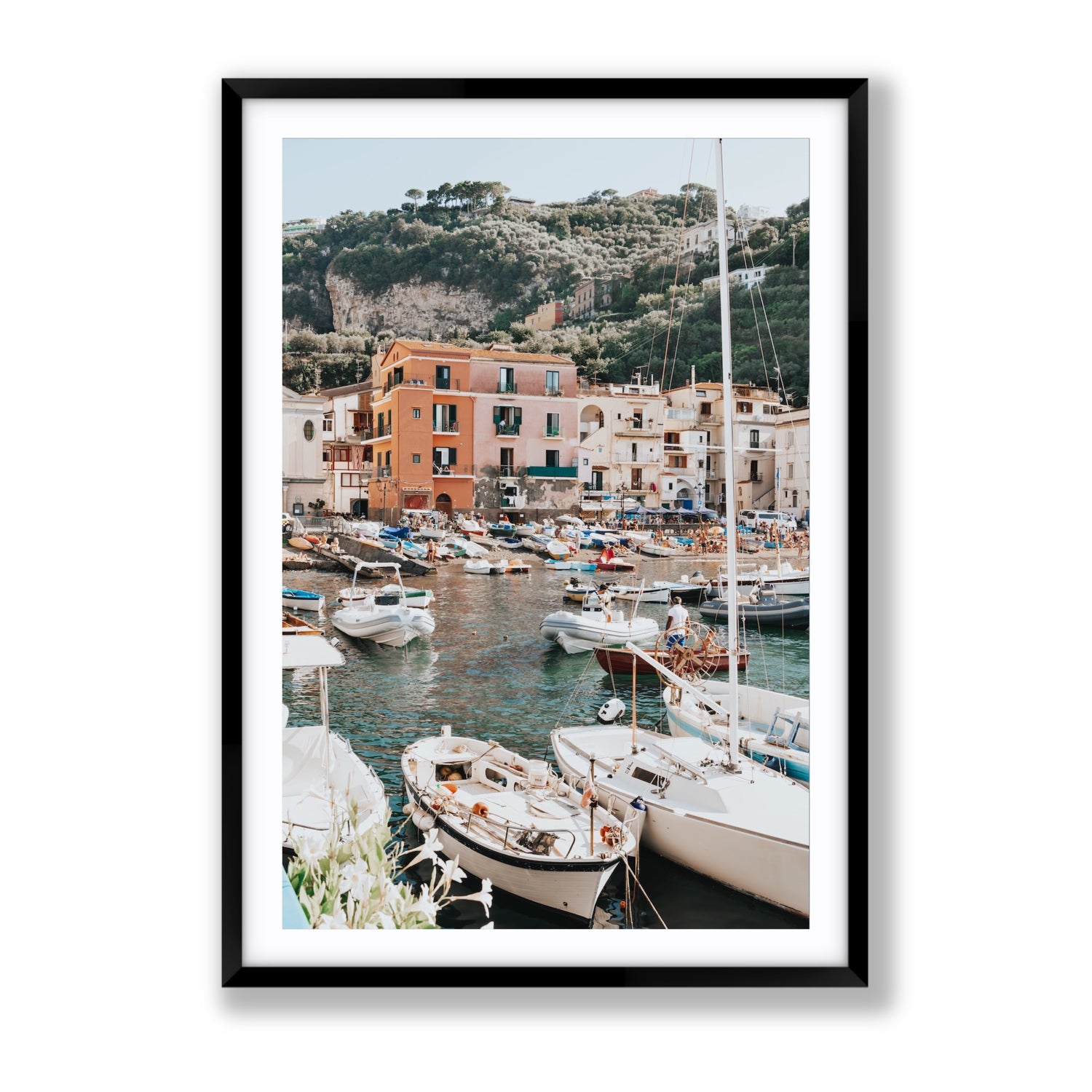 Marina Grande Sorrento coastal Italian wall art Gallery fine art print in black frame with matboard