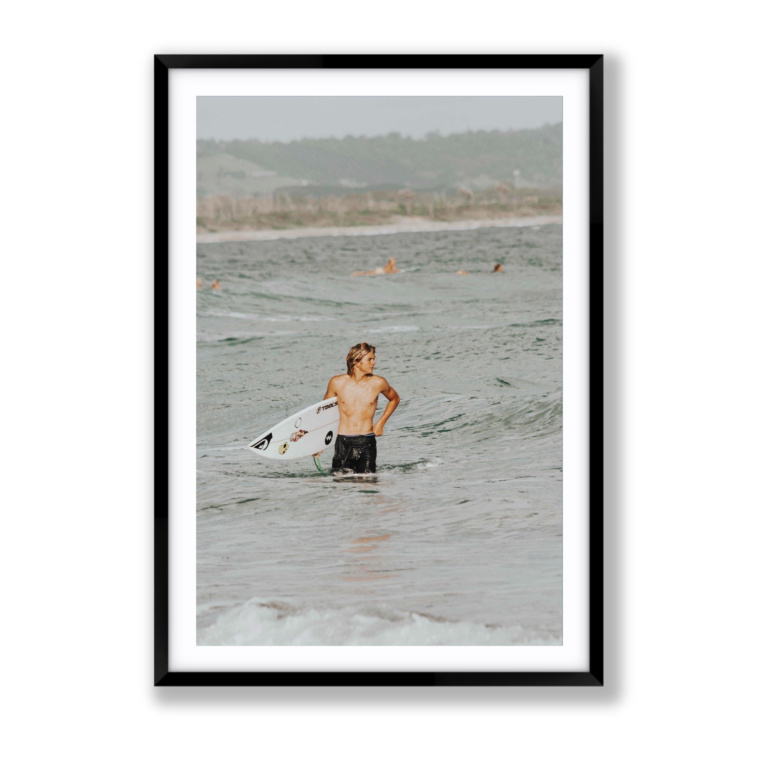 Chasing Mavericks Byron Bay Surf coastal wall art Gallery fine art print in black frame with matboard
