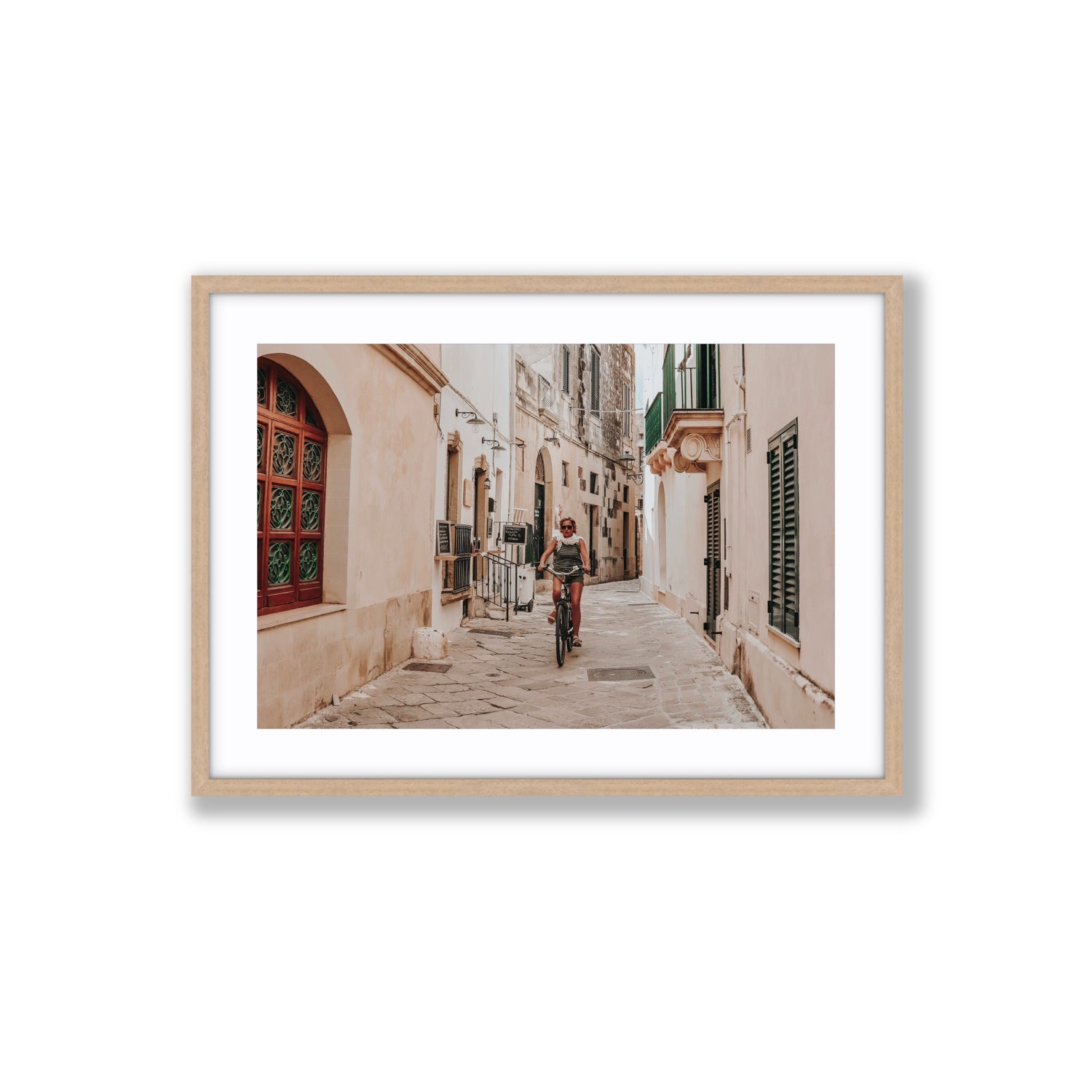 La Donna In Bicicletta Puglia Wall Italian fine art print Large fine art print in natural oak frame with matboard