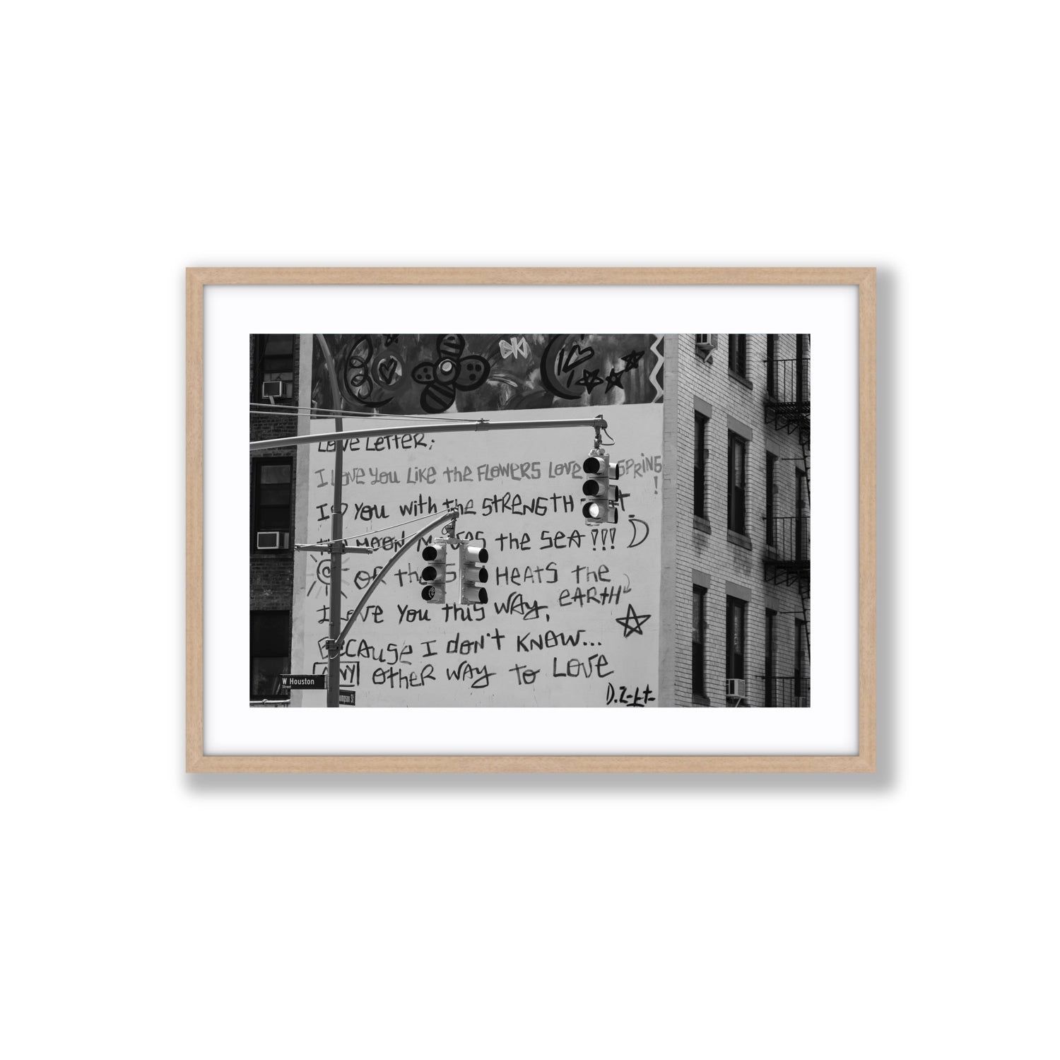 Love Letter New York NYC Black & White wall art Large fine art print in natural oak frame with matboard