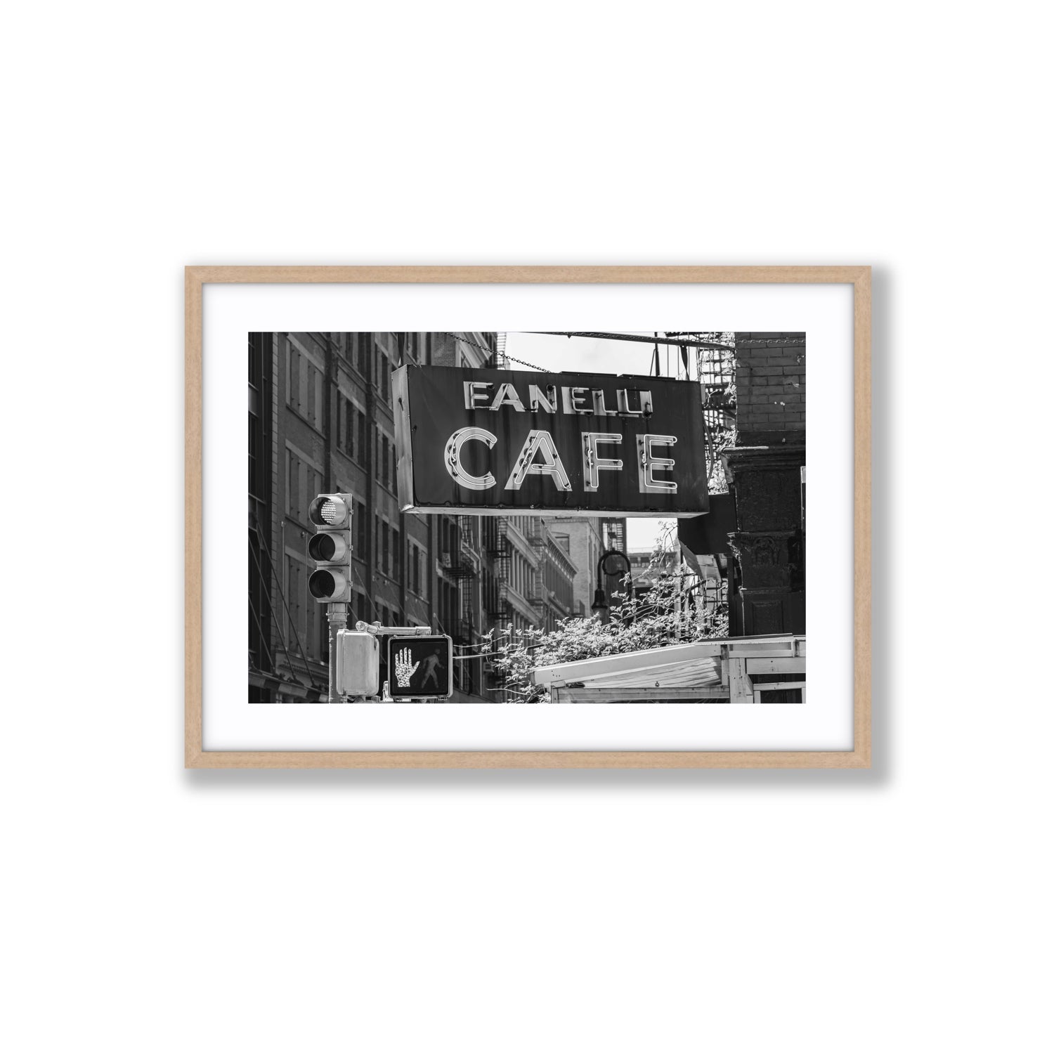 Soho Neon New York NYC Black & White wall art Large fine art print in natural oak frame with matboard