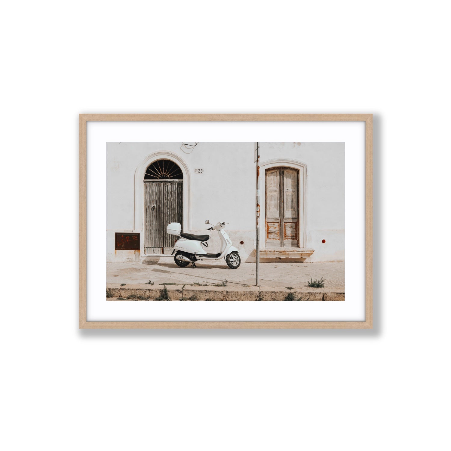 Vespa Nostalgia Puglia Italian wall art Large fine art print in natural oak frame with matboard