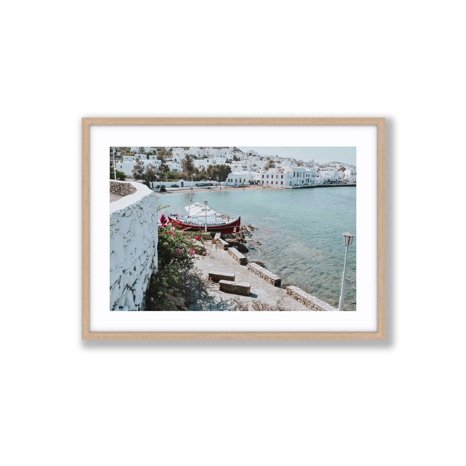Harika Mykonos Greek island wall art Large fine art print in natural oak frame with matboard