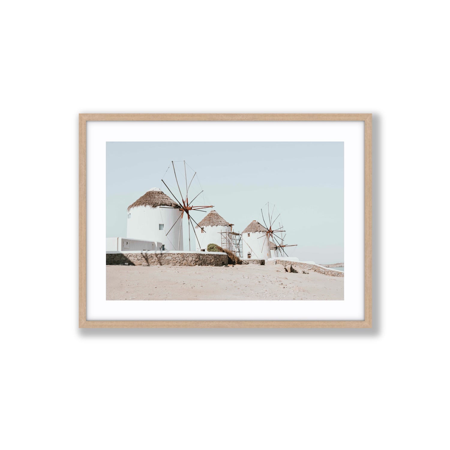 Rustic Icons Mykonos Greek island wall art Large fine art print in natural oak frame with matboard