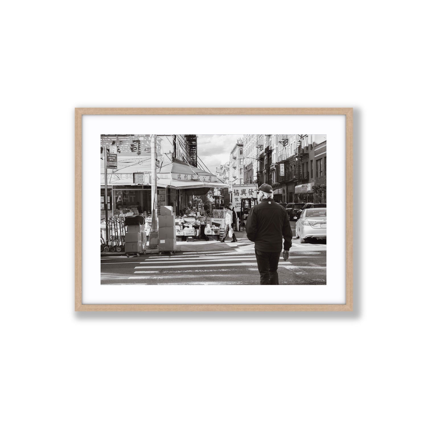 Chinatown New York NYC Street wall art Large fine art print in natural oak frame with matboard