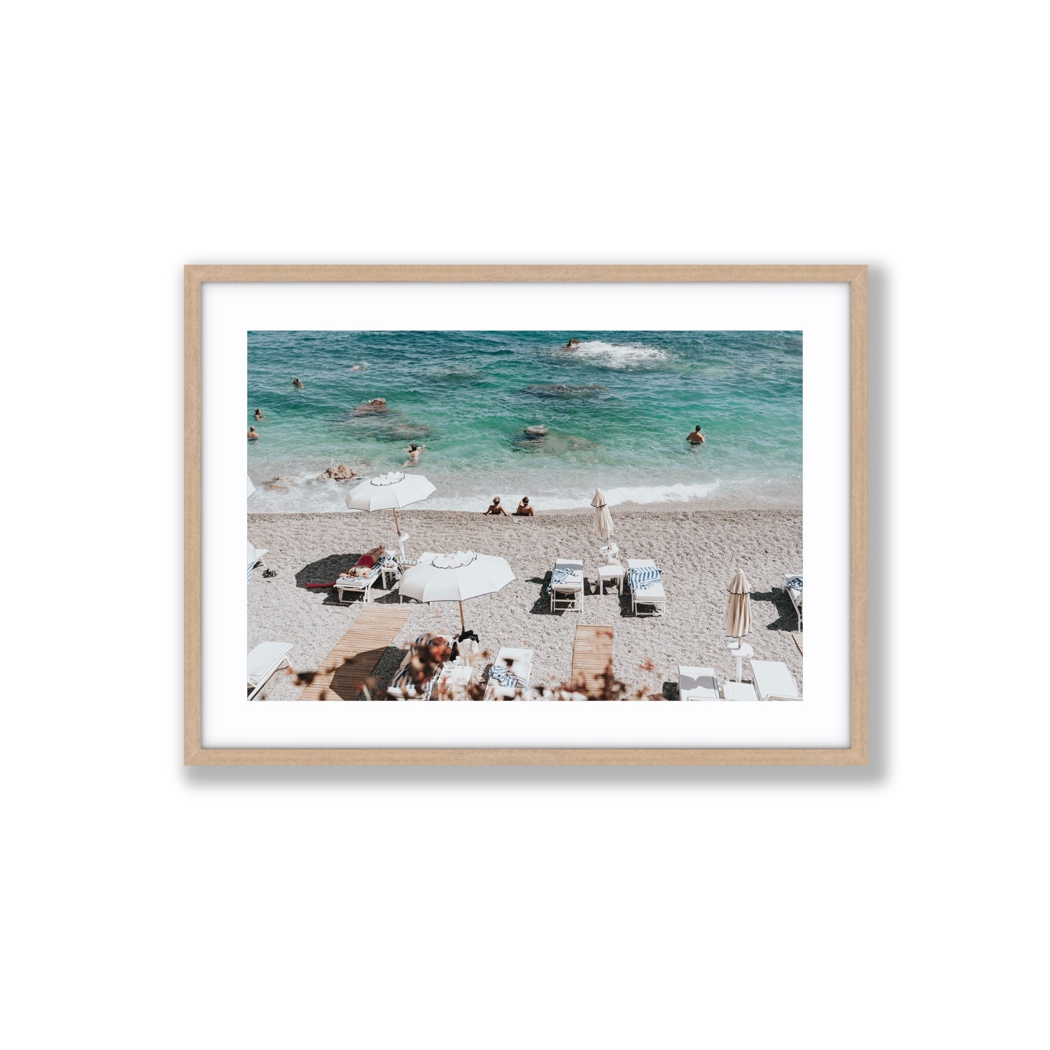 Amicizia Amalfi Italian beach wall art Large fine art print in natural oak frame with matboard