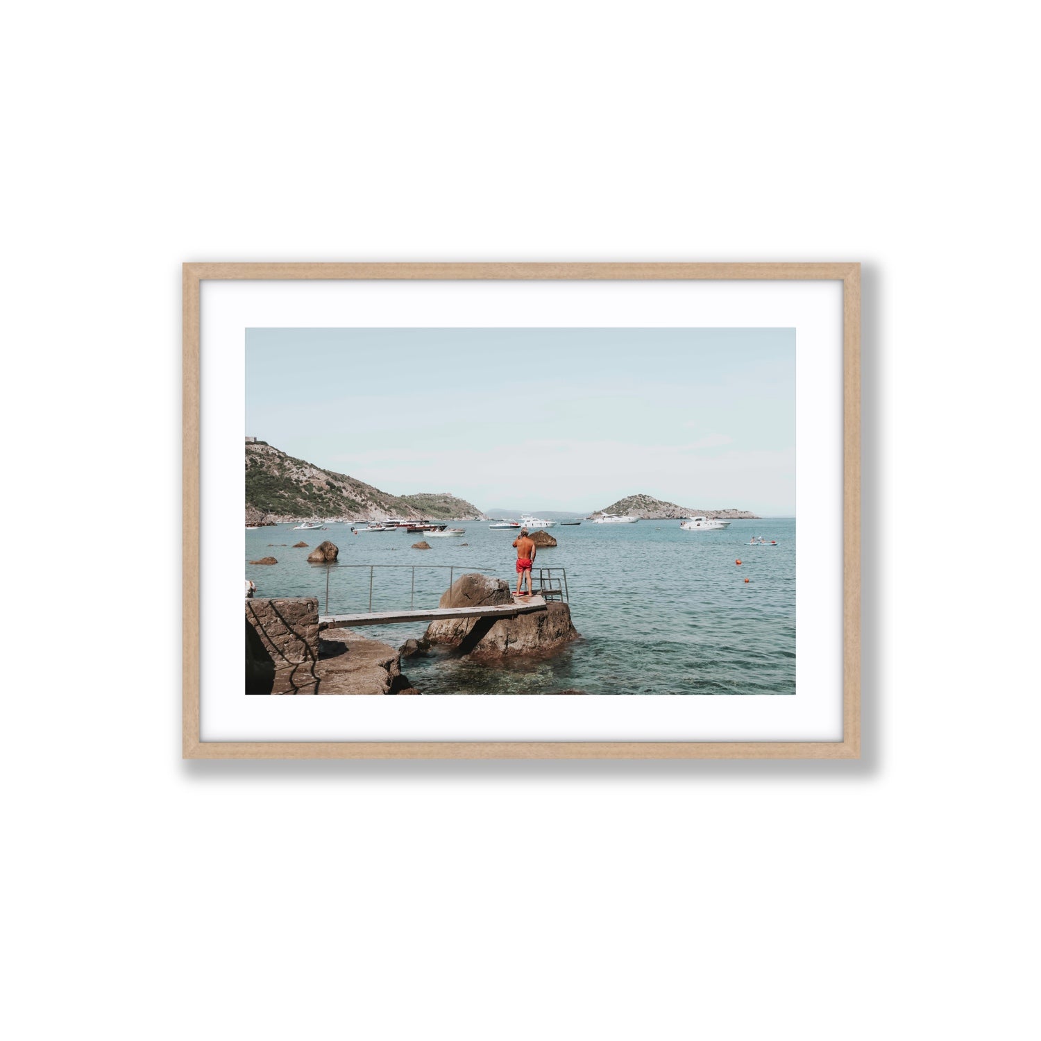 Out Of Office Tuscany coastal Italian wall art Large fine art print in natural oak frame with matboard