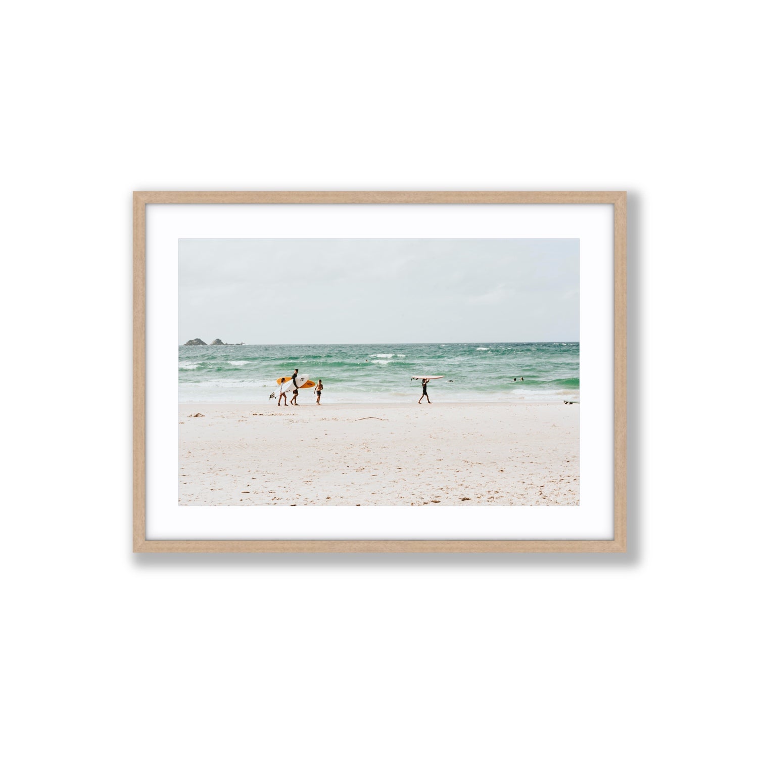 La Famiglia Byron Bay Family Surf coastal wall art Large fine art print in natural oak frame with matboard