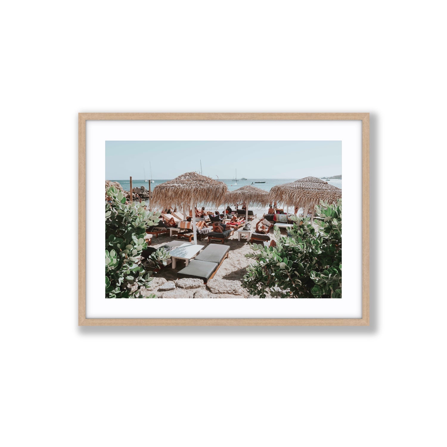 Greek Haven Mykonos Greek island coastal wall art Large fine art print in natural oak frame with matboard