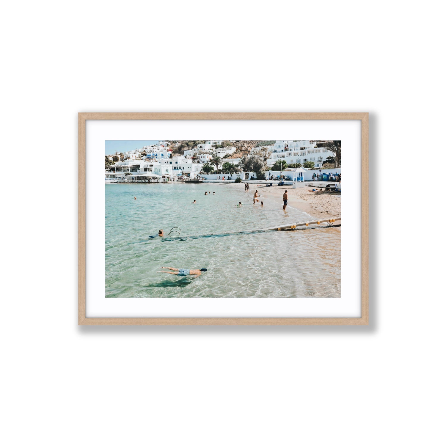 Bathe Yourself In Beauty Mykonos Greek island wall art Large fine art print in natural oak frame with matboard