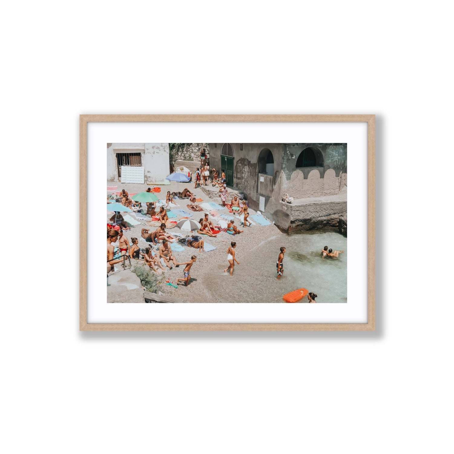 Heatwave Capri beach coastal wall art Large fine art print in natural oak frame with matboard